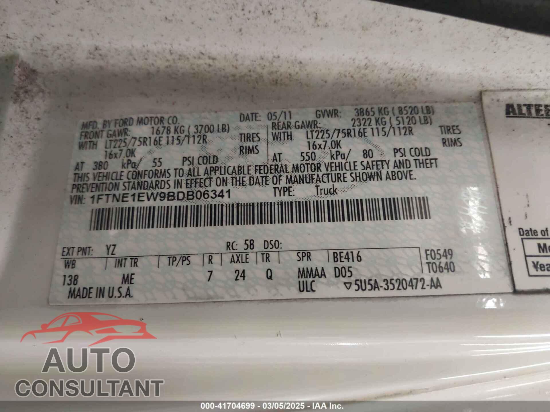FORD E-150 2011 - 1FTNE1EW9BDB06341