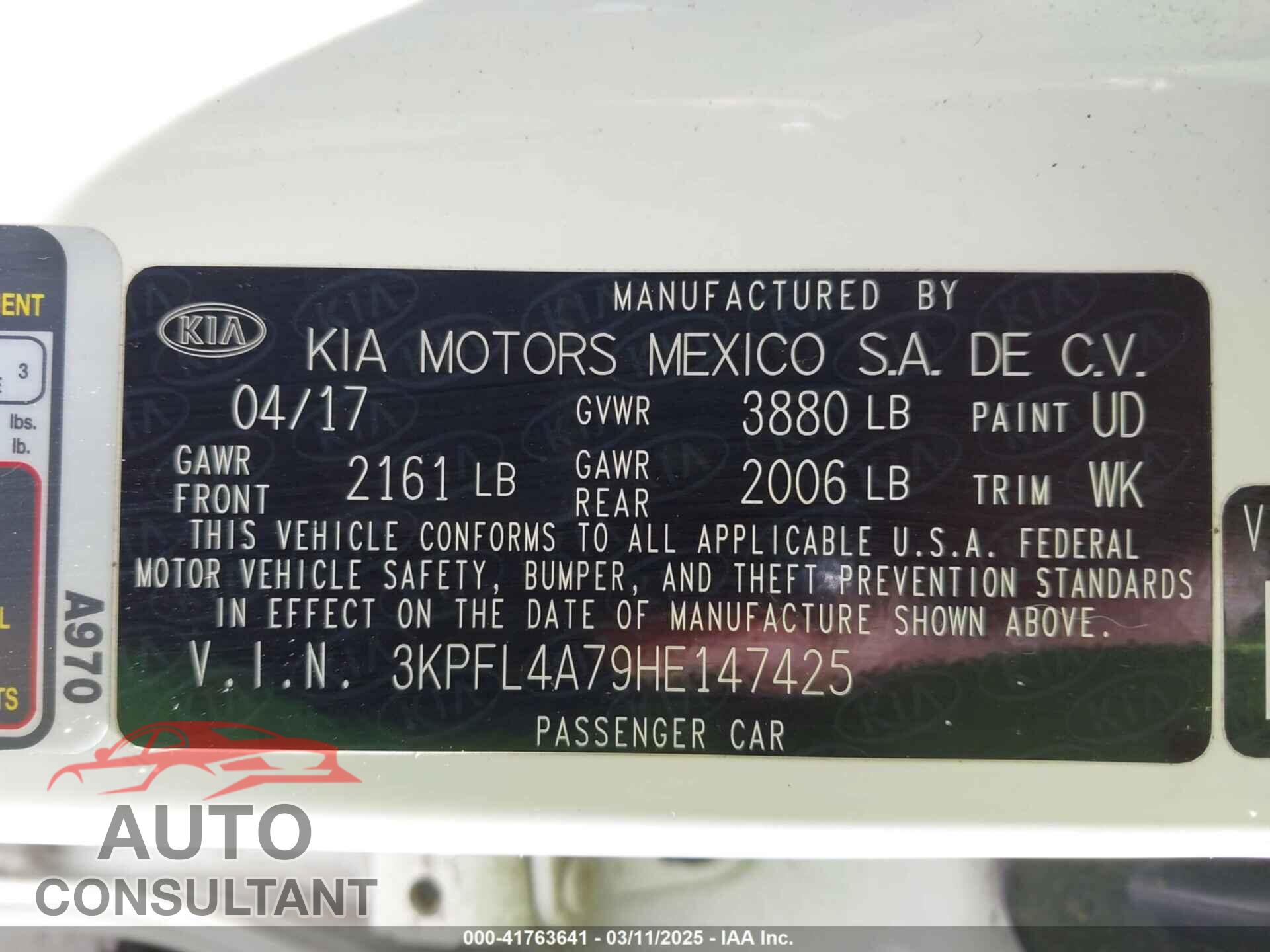 KIA FORTE 2017 - 3KPFL4A79HE147425