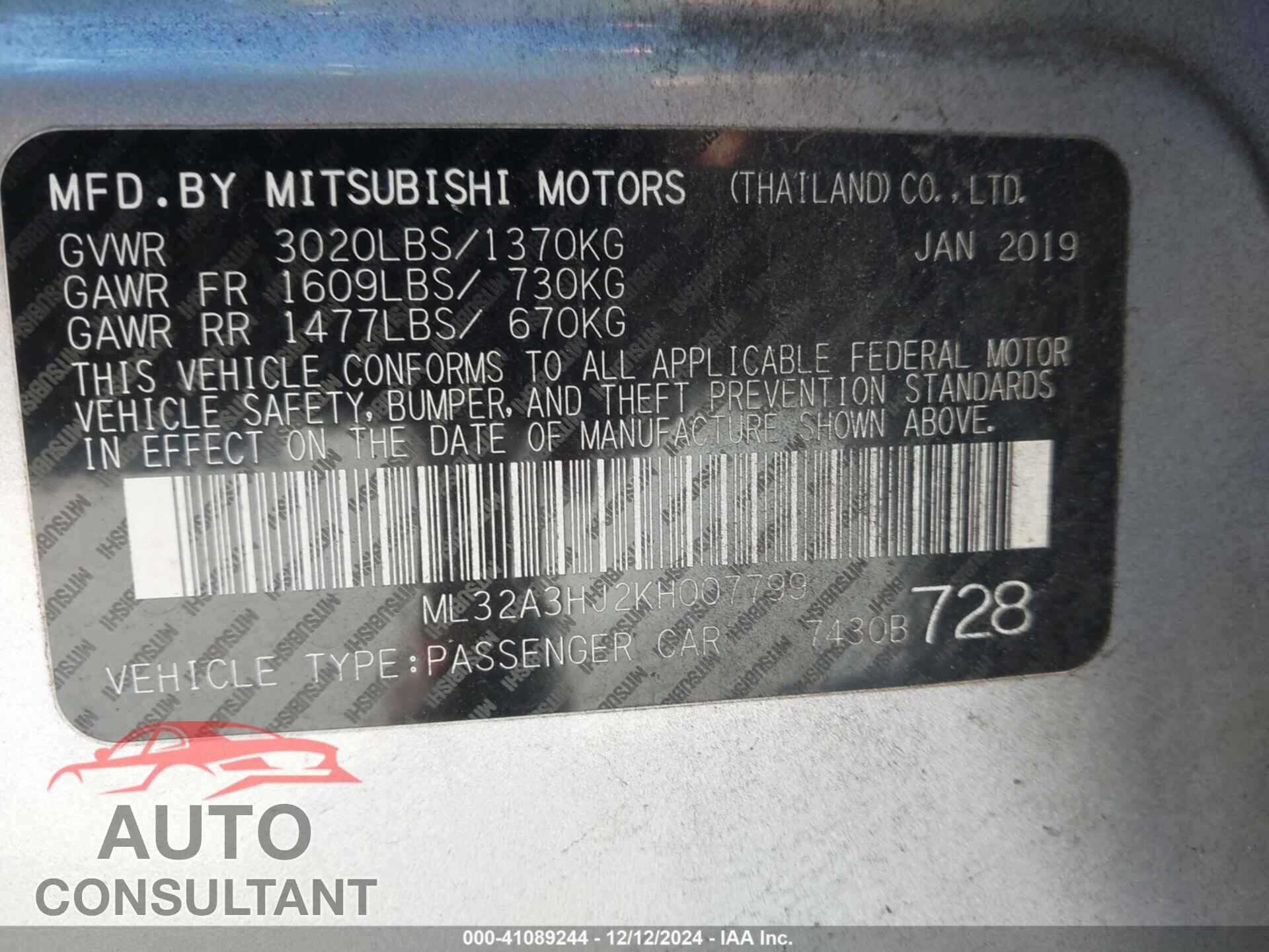 MITSUBISHI MIRAGE 2019 - ML32A3HJ2KH007799