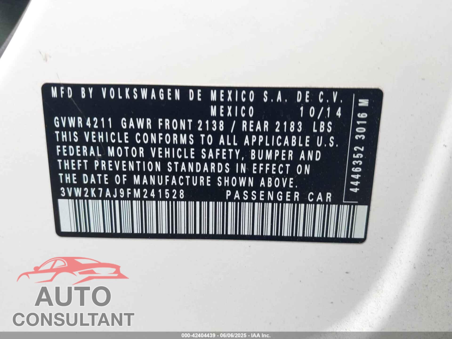 VOLKSWAGEN JETTA 2015 - 3VW2K7AJ9FM241528
