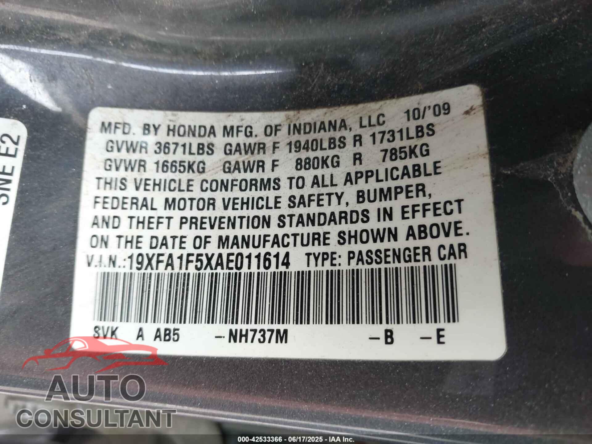 HONDA CIVIC 2010 - 19XFA1F5XAE011614