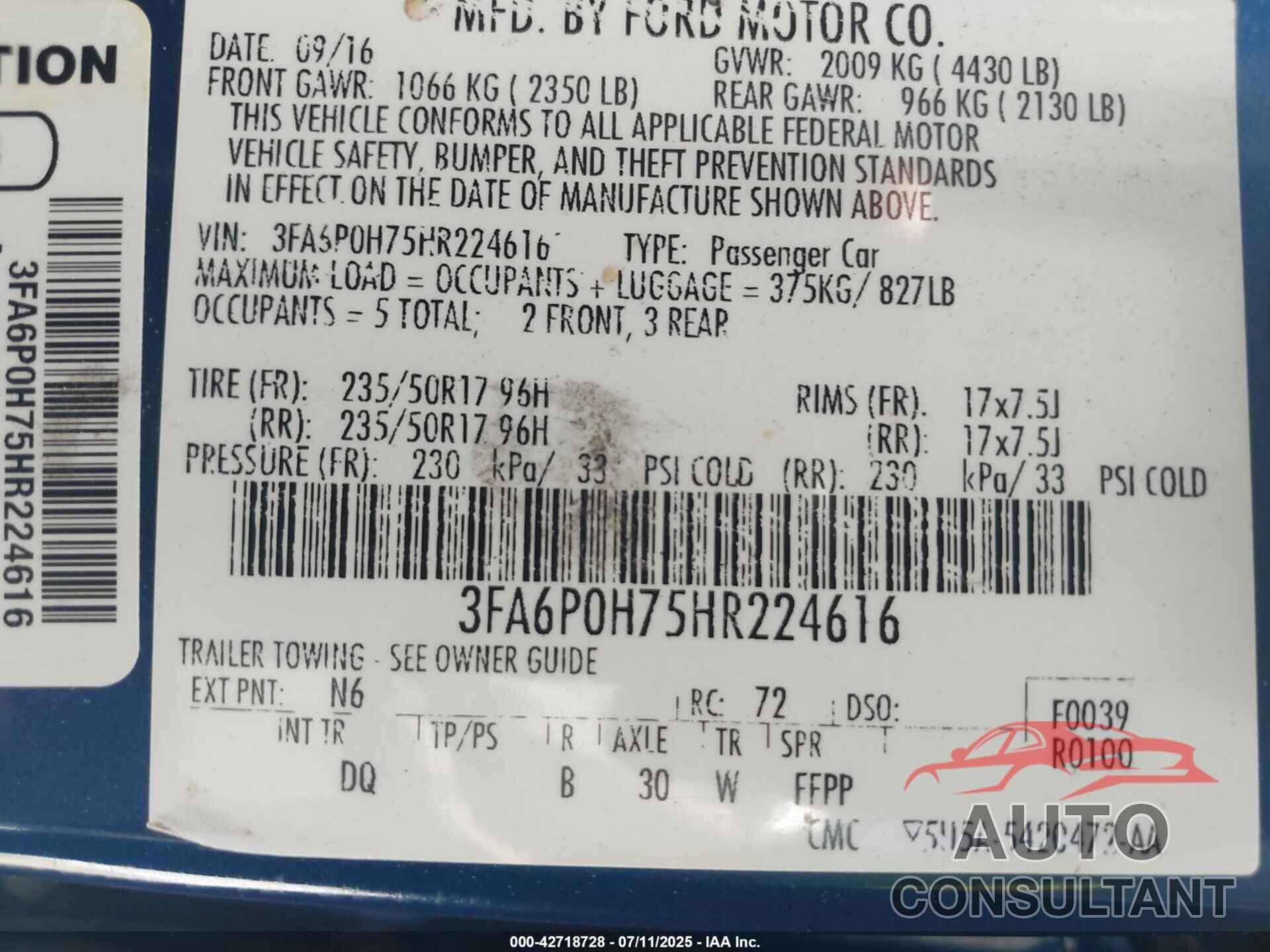 FORD FUSION 2017 - 3FA6P0H75HR224616
