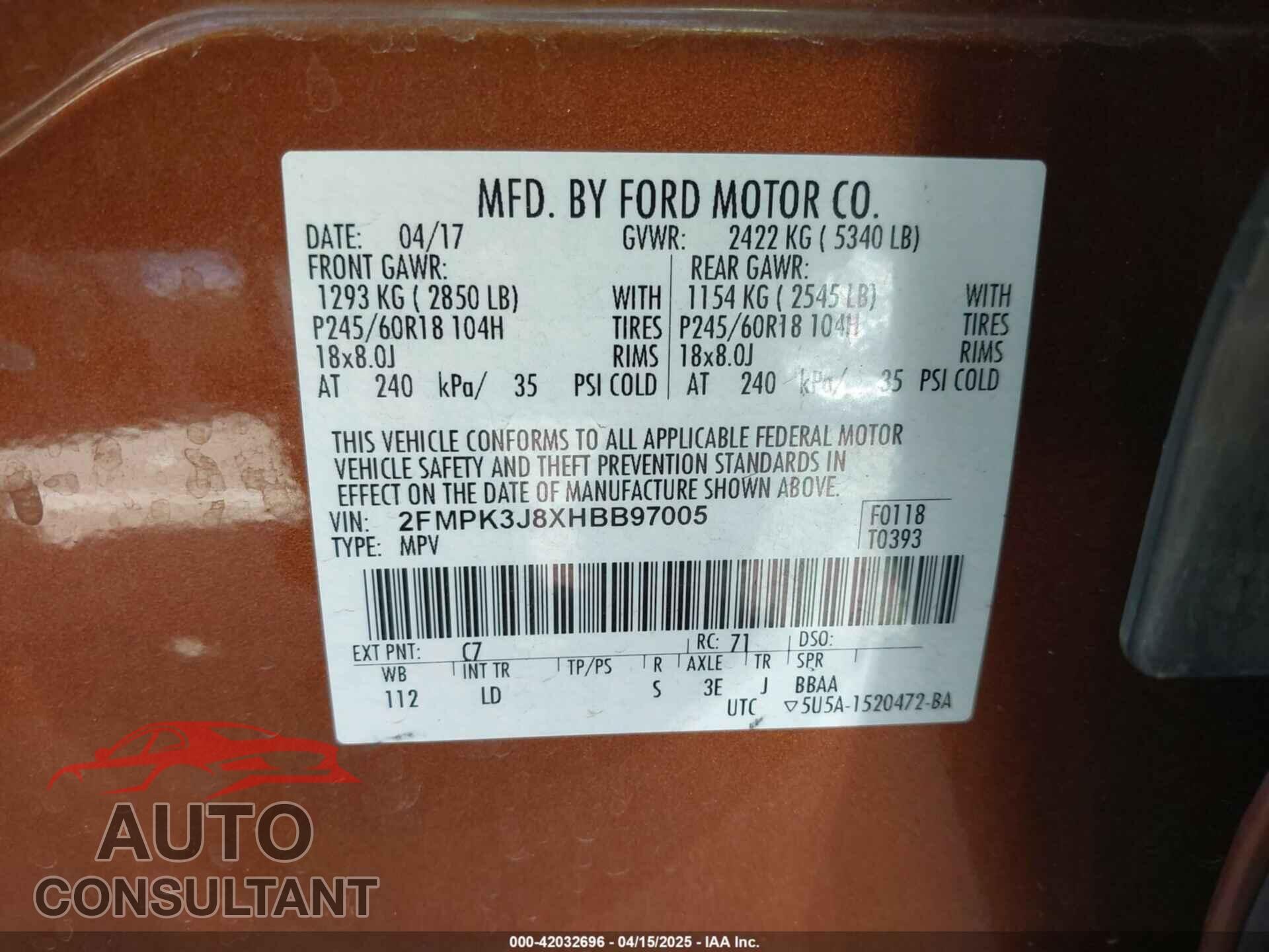 FORD EDGE 2017 - 2FMPK3J8XHBB97005