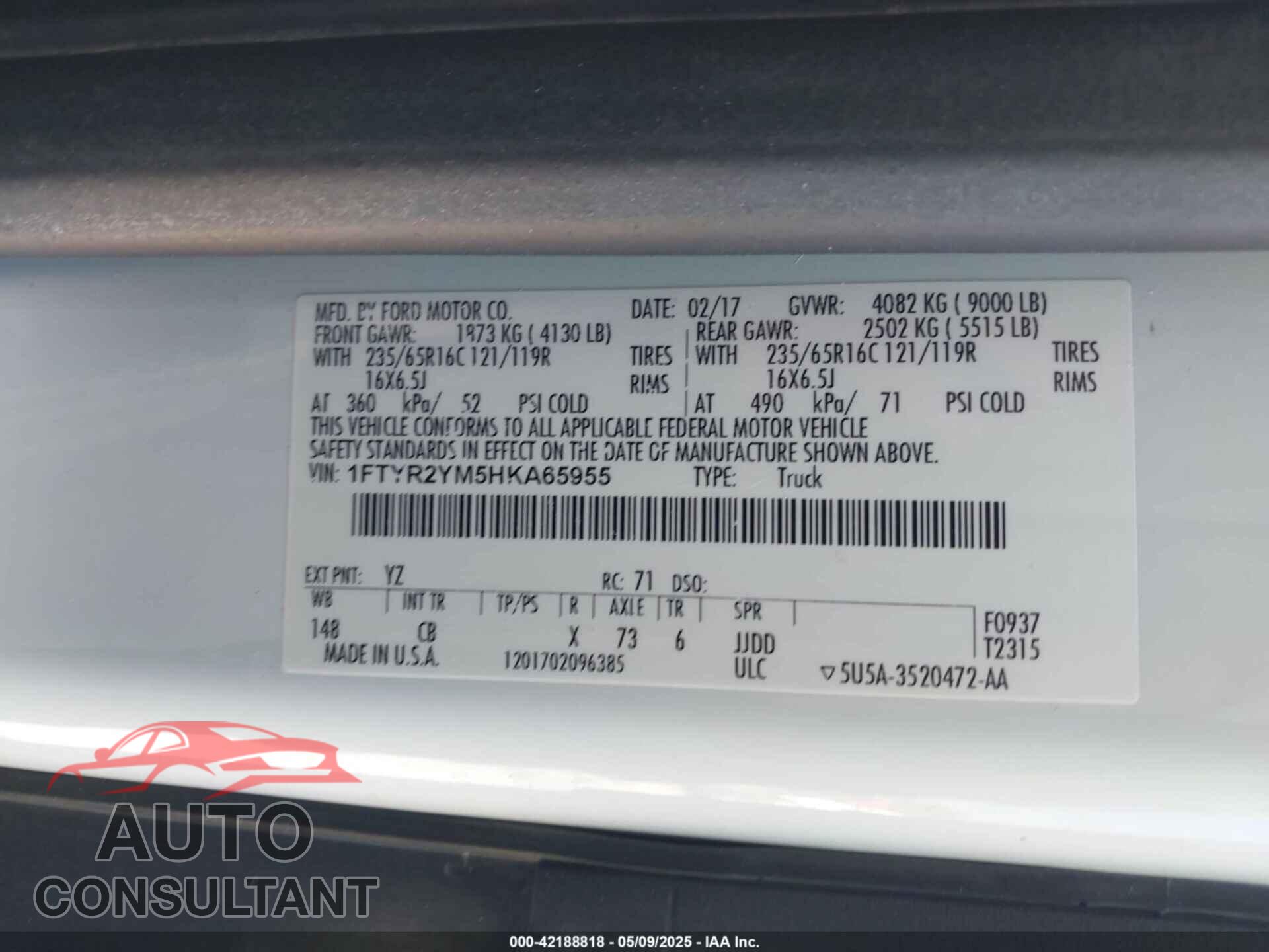 FORD TRANSIT-250 2017 - 1FTYR2YM5HKA65955