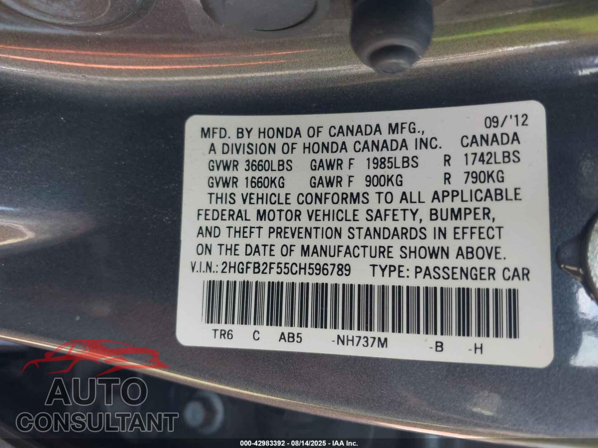 HONDA CIVIC 2012 - 2HGFB2F55CH596789