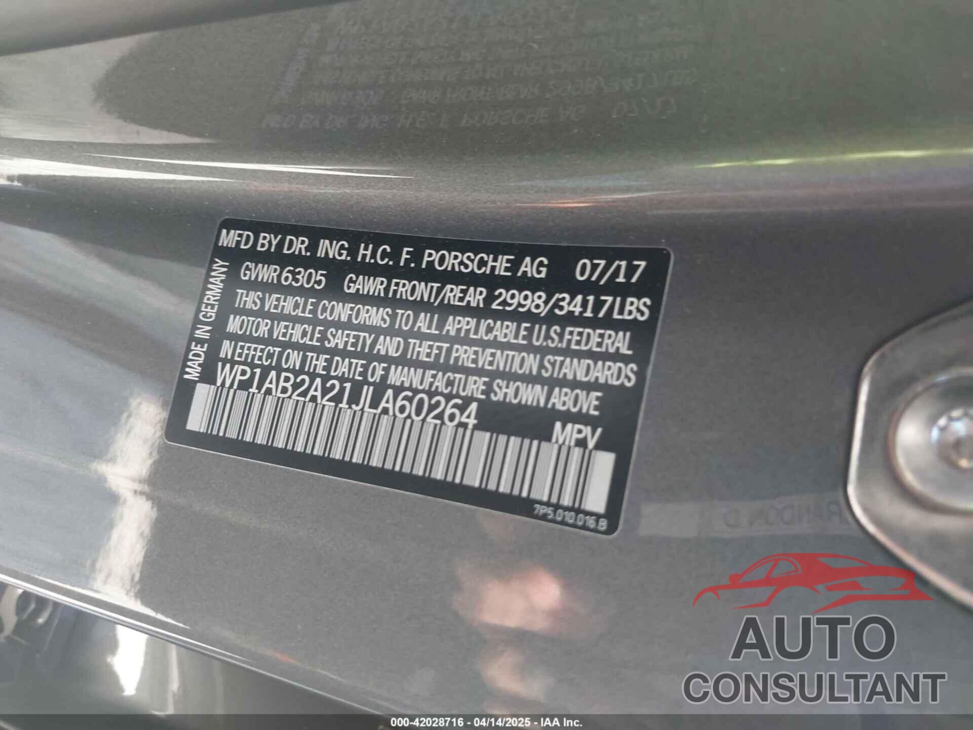 PORSCHE CAYENNE 2018 - WP1AB2A21JLA60264