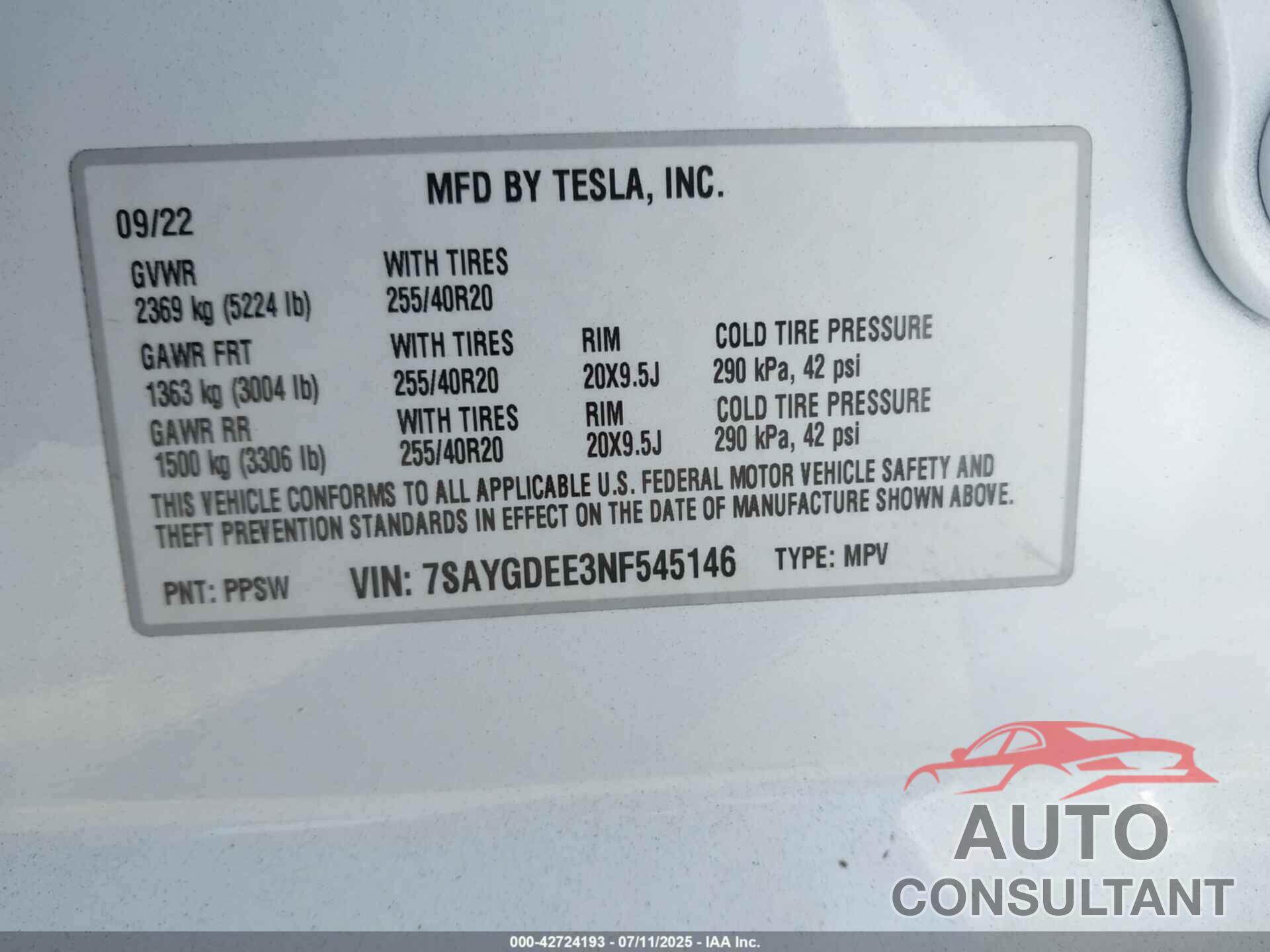 TESLA MODEL Y 2022 - 7SAYGDEE3NF545146