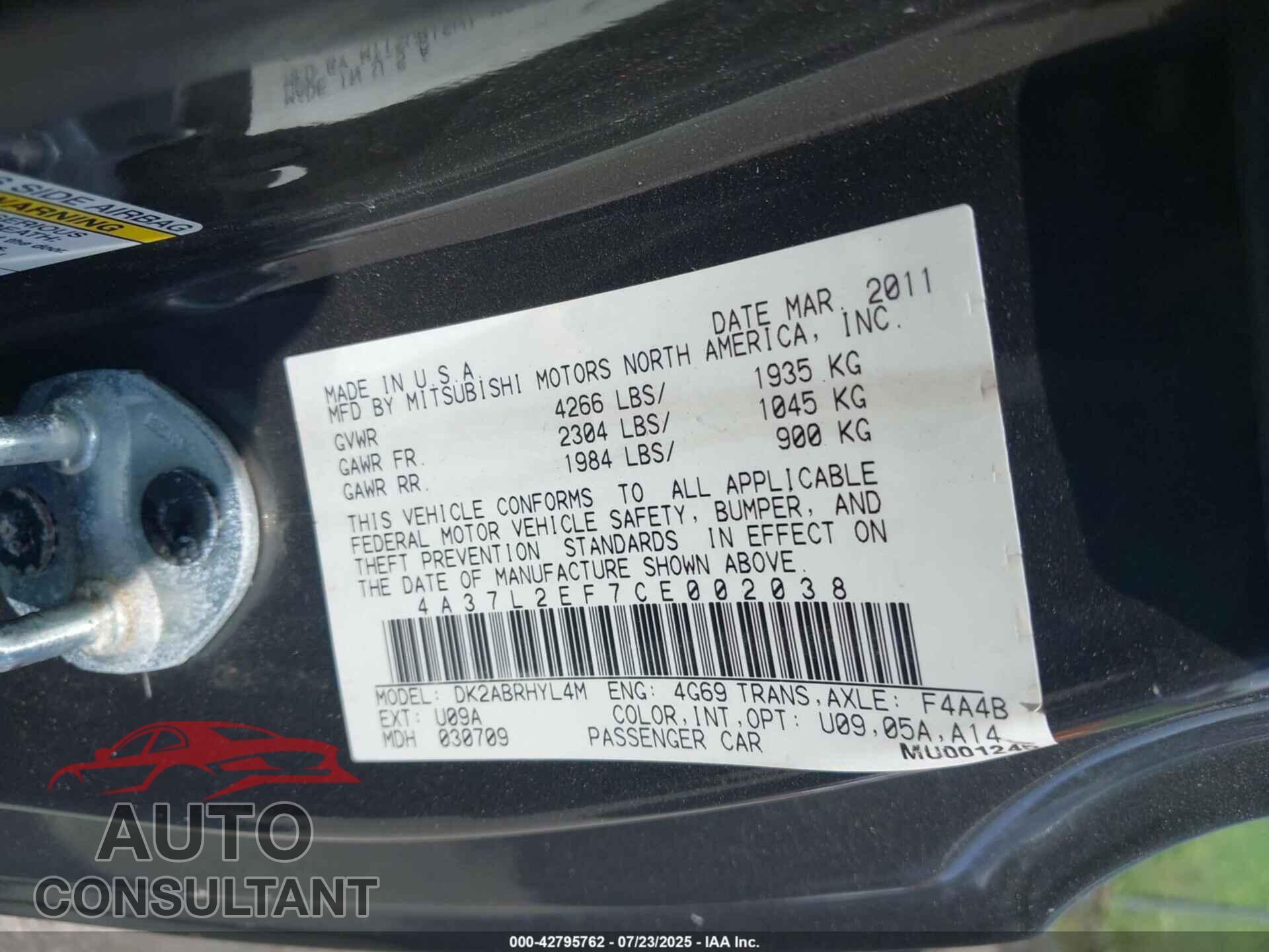 MITSUBISHI ECLIPSE SPYDER 2012 - 4A37L2EF7CE002038
