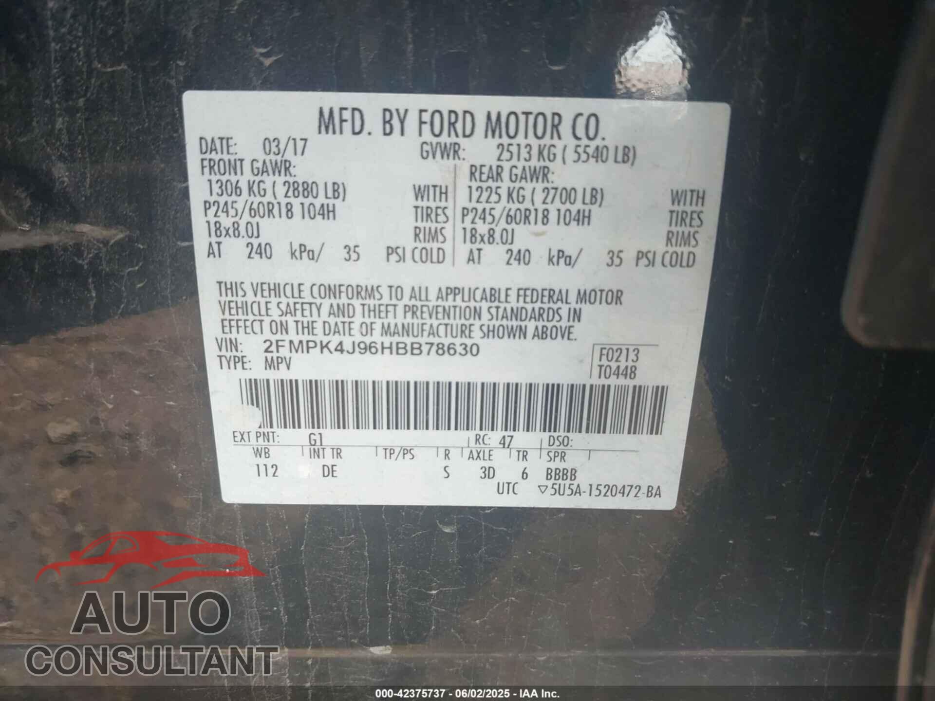 FORD EDGE 2017 - 2FMPK4J96HBB78630