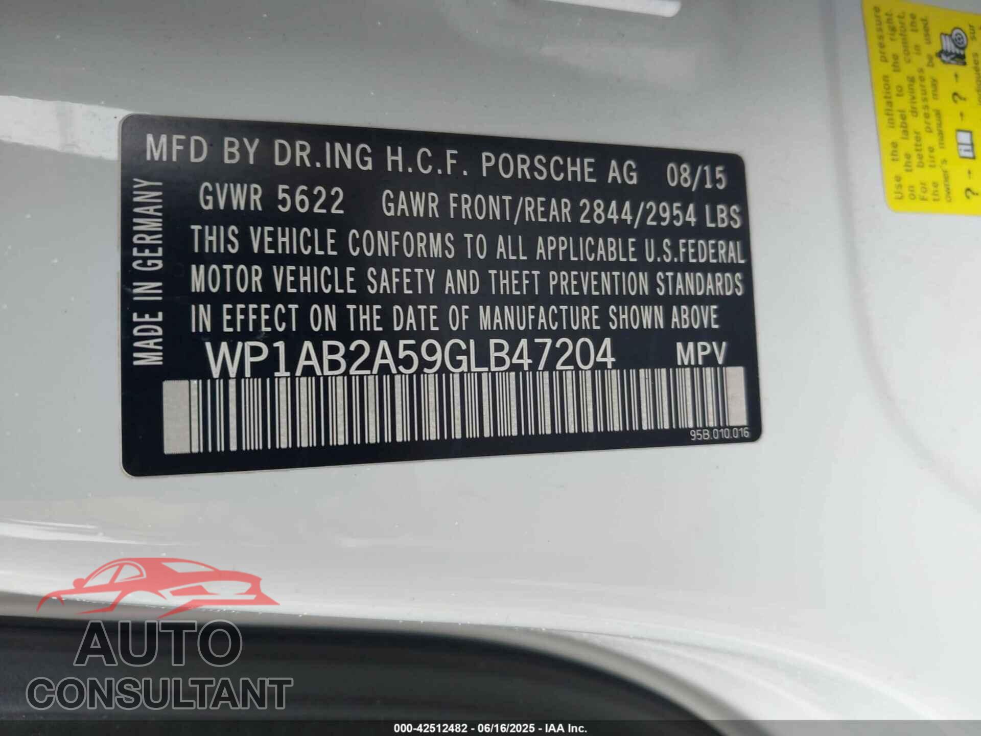 PORSCHE MACAN 2016 - WP1AB2A59GLB47204