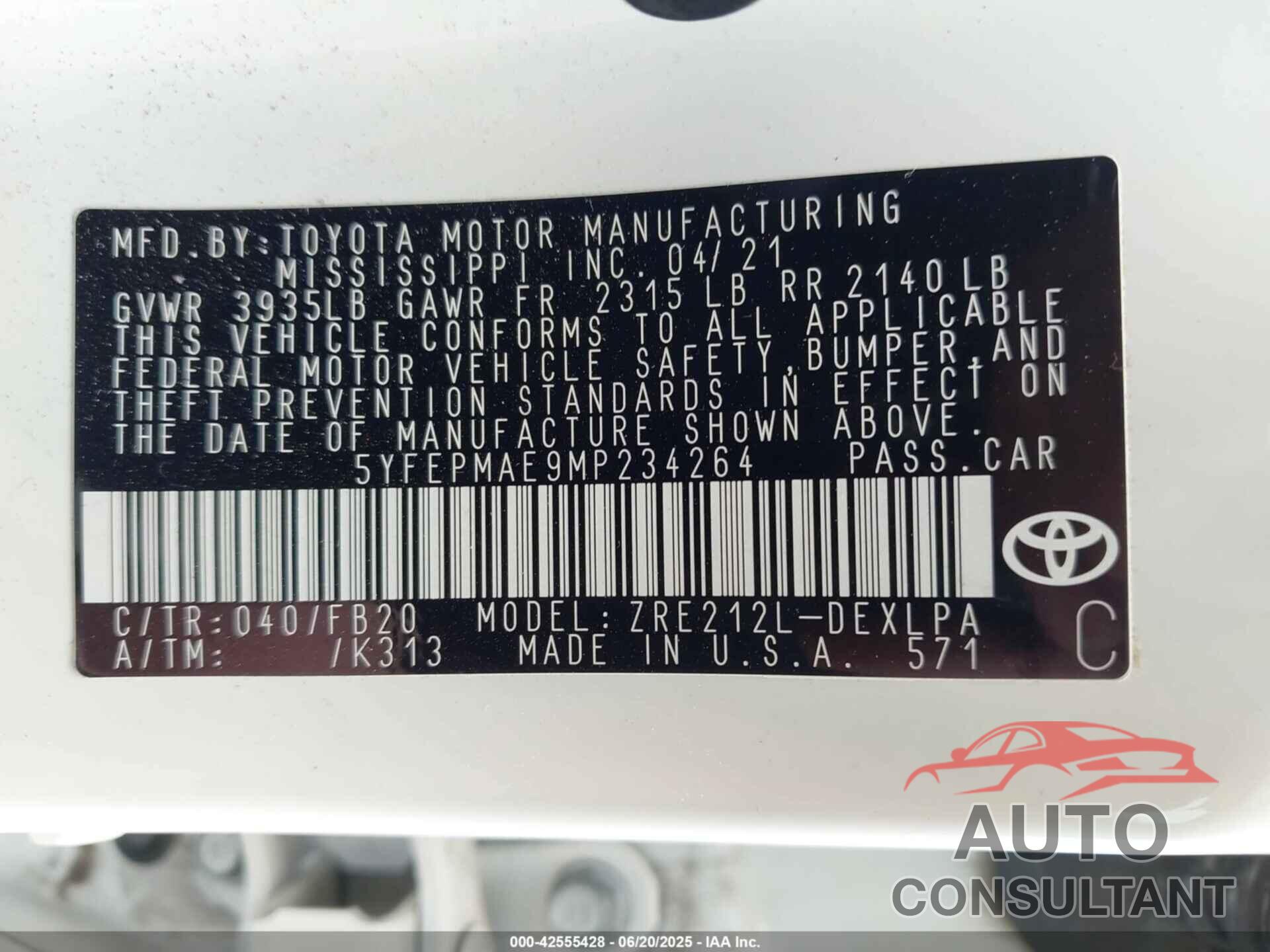 TOYOTA COROLLA 2021 - 5YFEPMAE9MP234264