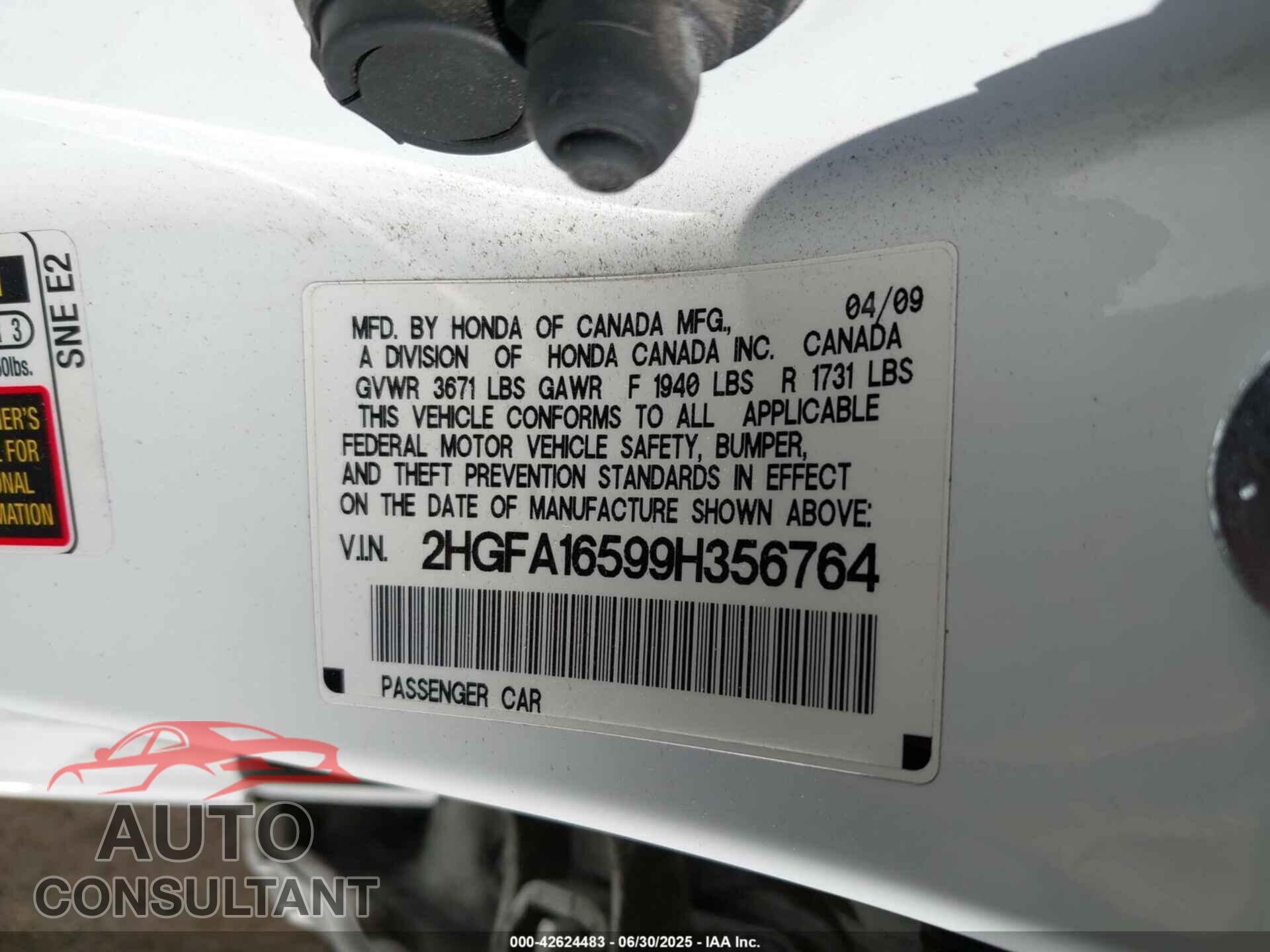 HONDA CIVIC 2009 - 2HGFA16599H356764