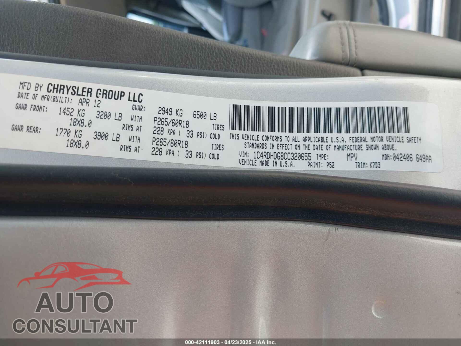 DODGE DURANGO 2012 - 1C4RDHDG8CC320655