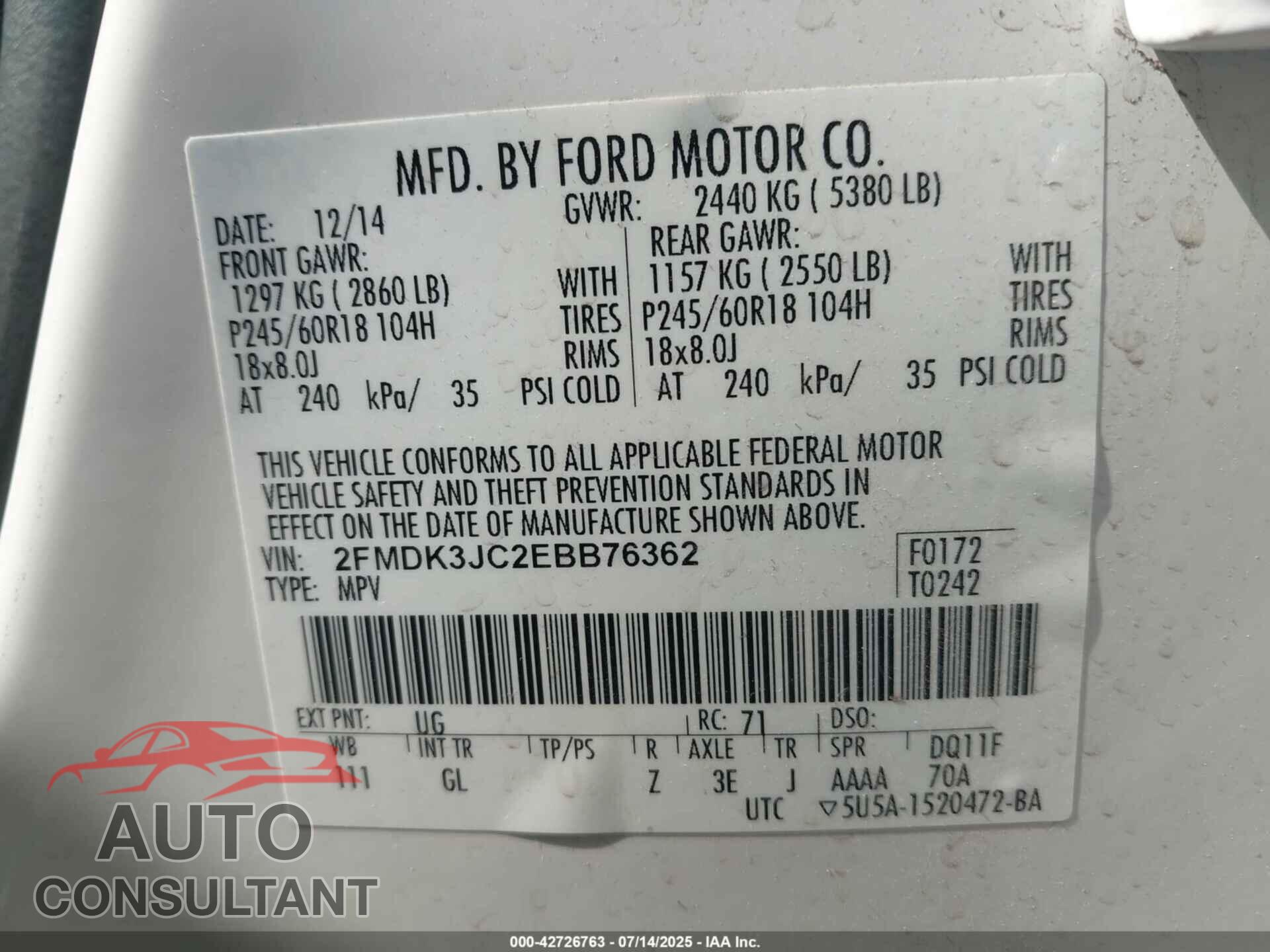 FORD EDGE 2014 - 2FMDK3JC2EBB76362
