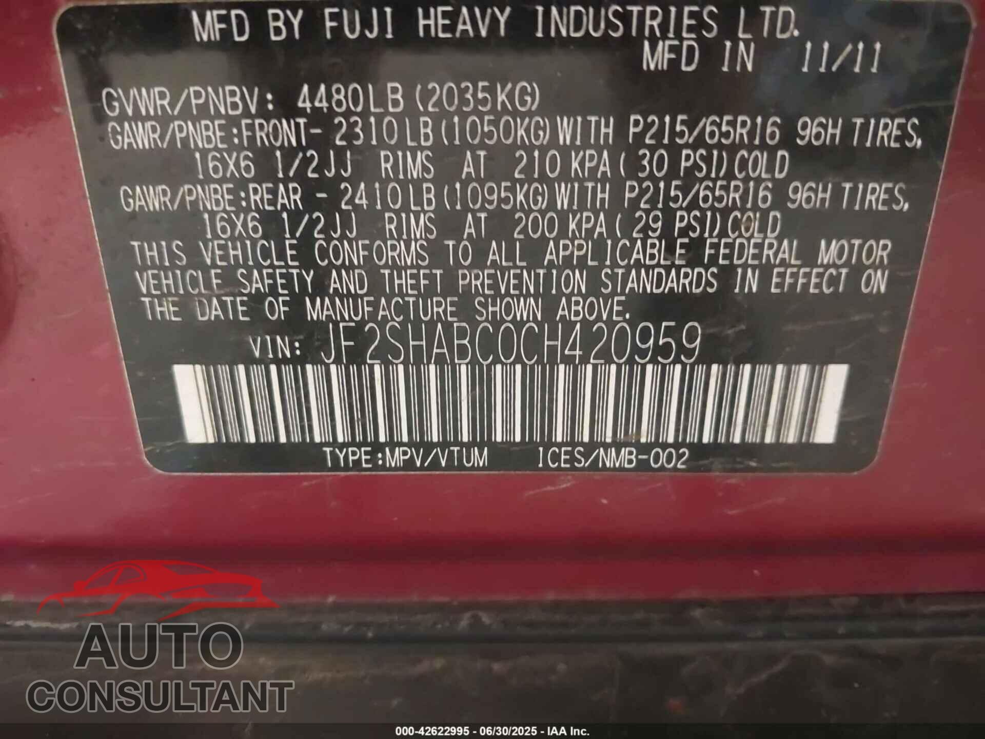 SUBARU FORESTER 2012 - JF2SHABC0CH420959
