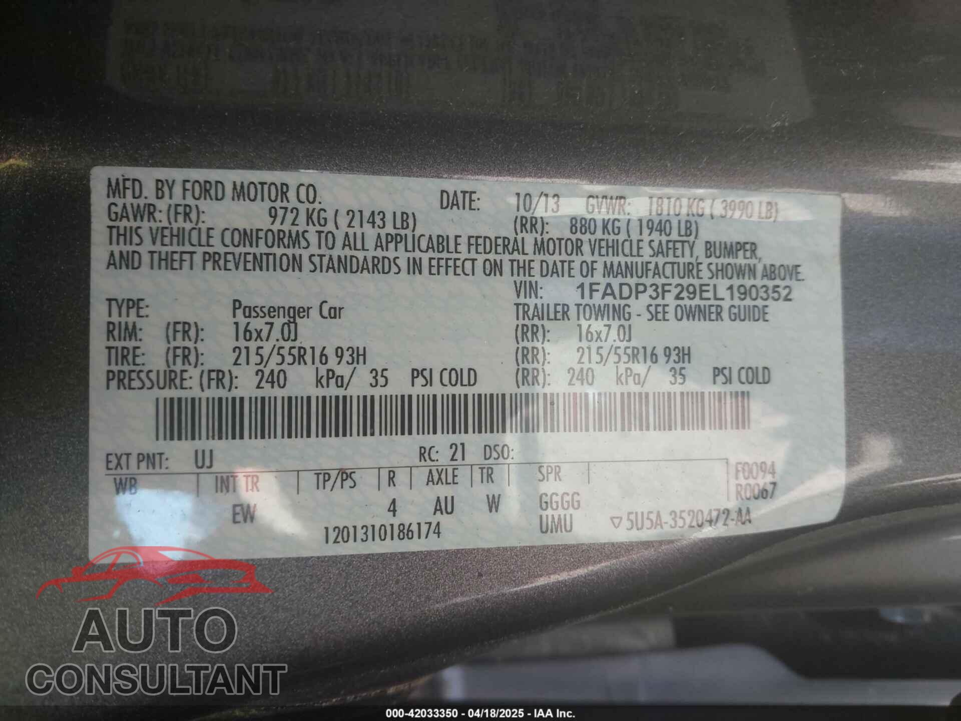 FORD FOCUS 2014 - 1FADP3F29EL190352