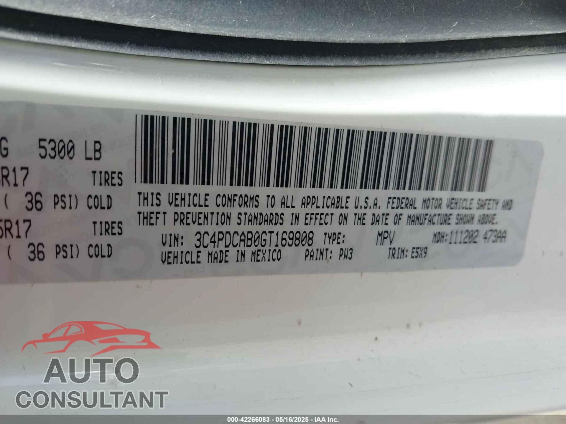 DODGE JOURNEY 2016 - 3C4PDCAB0GT169808