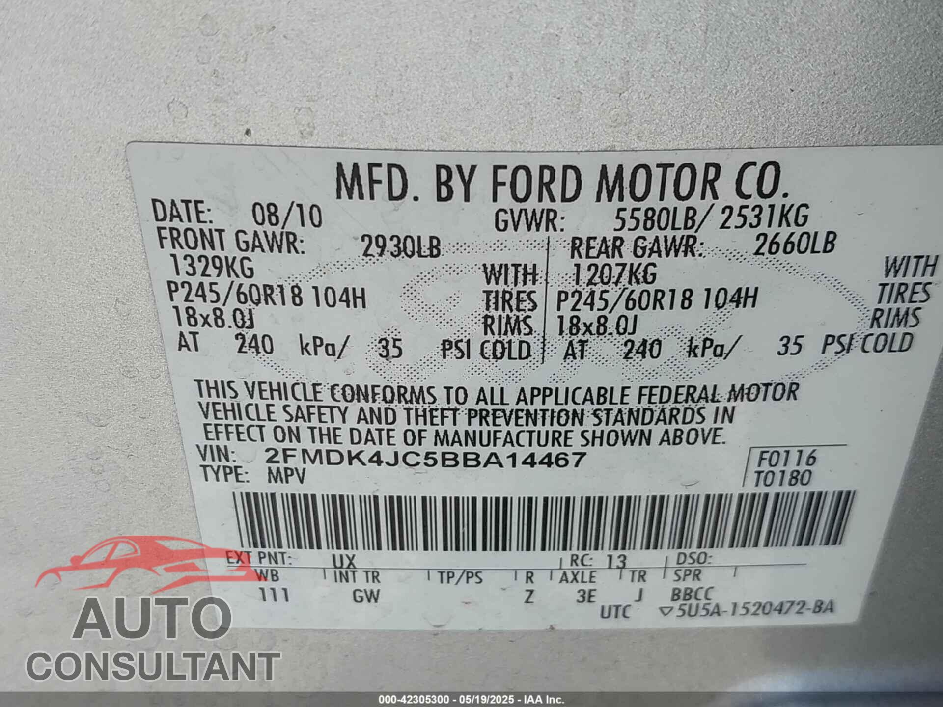 FORD EDGE 2011 - 2FMDK4JC5BBA14467