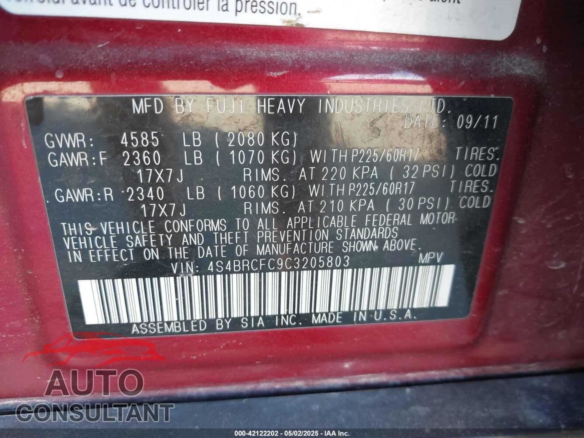 SUBARU OUTBACK 2012 - 4S4BRCFC9C3205803
