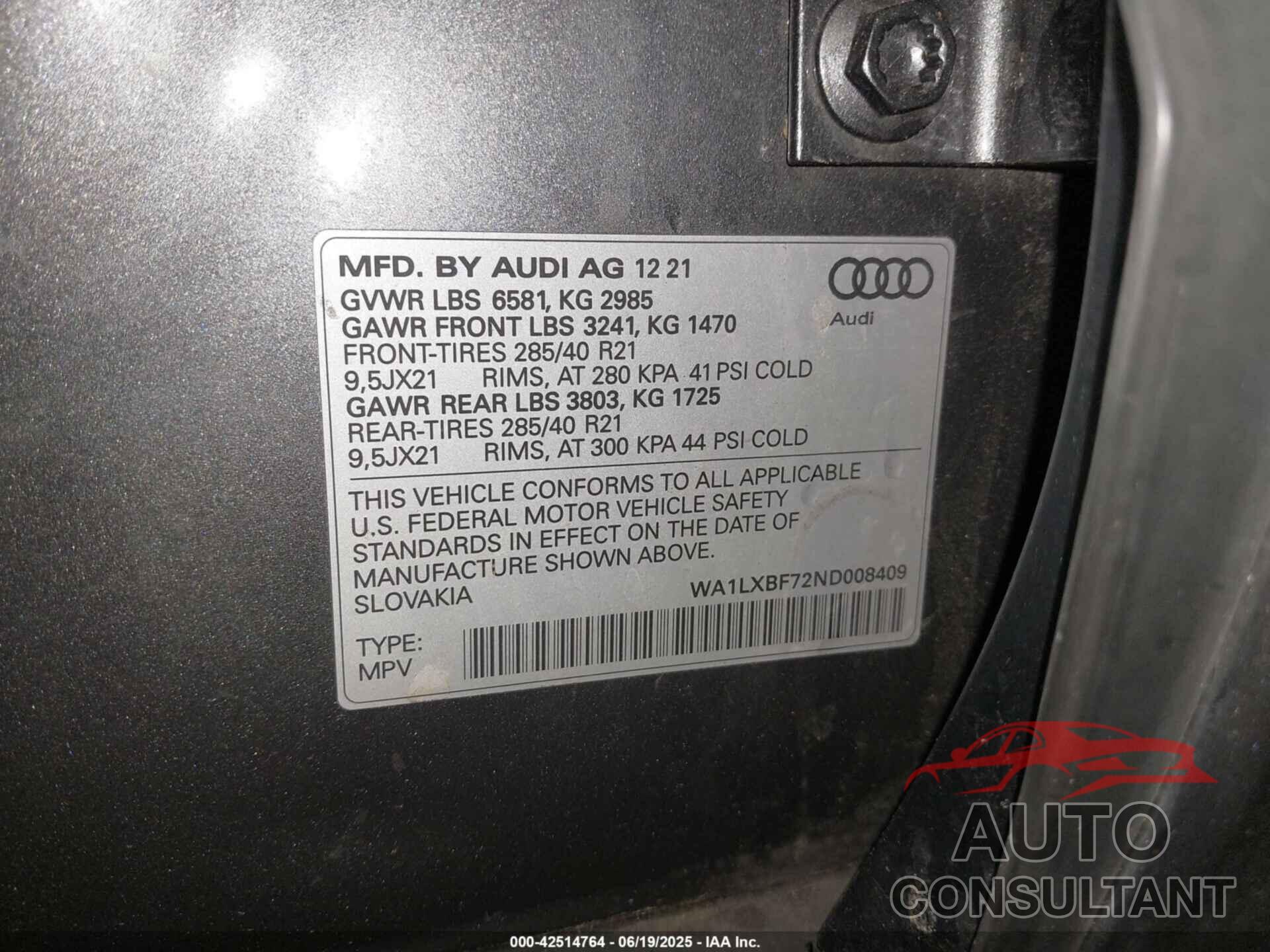 AUDI Q7 2022 - WA1LXBF72ND008409