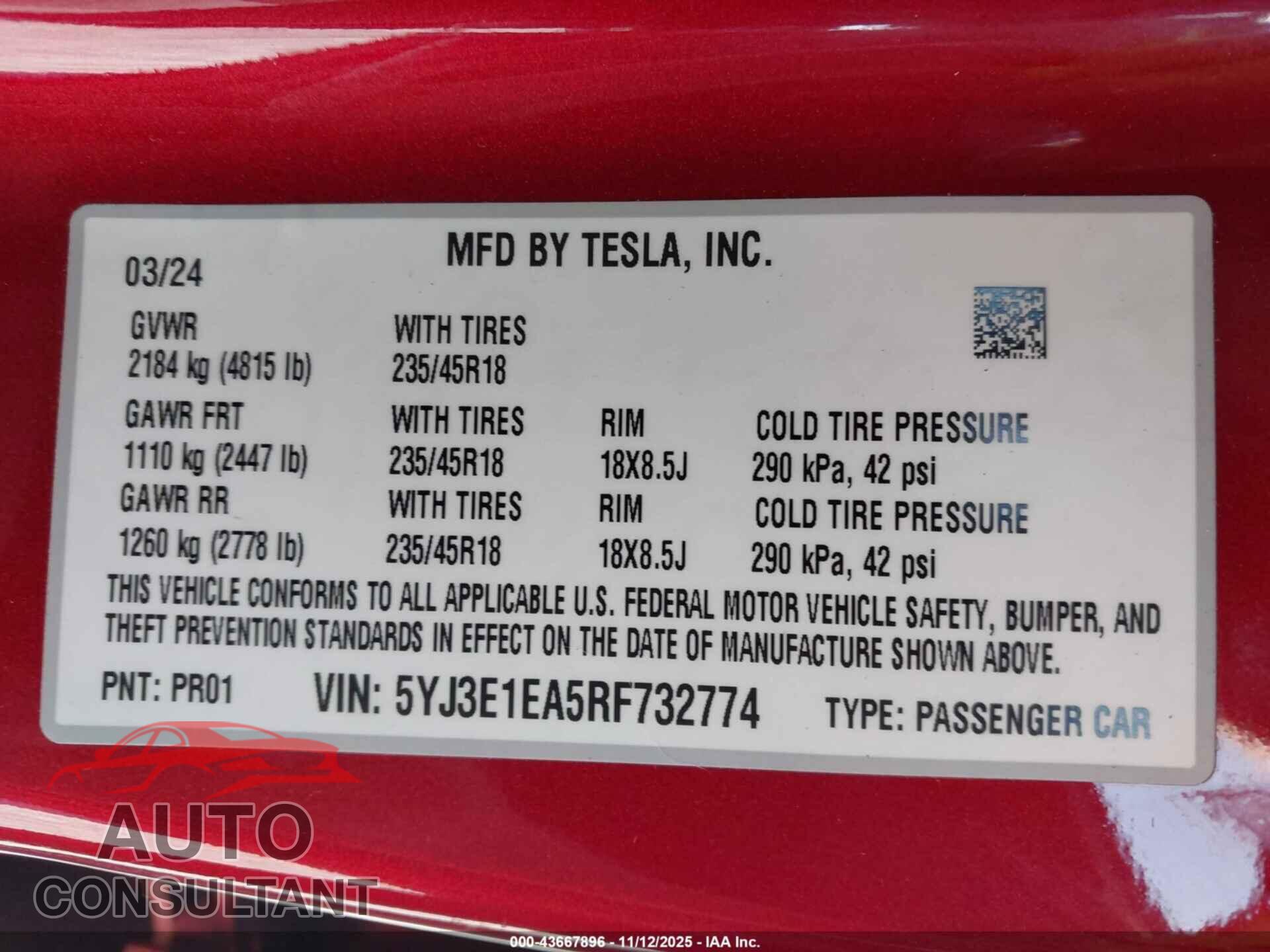 TESLA MODEL 3 2024 - 5YJ3E1EA5RF732774