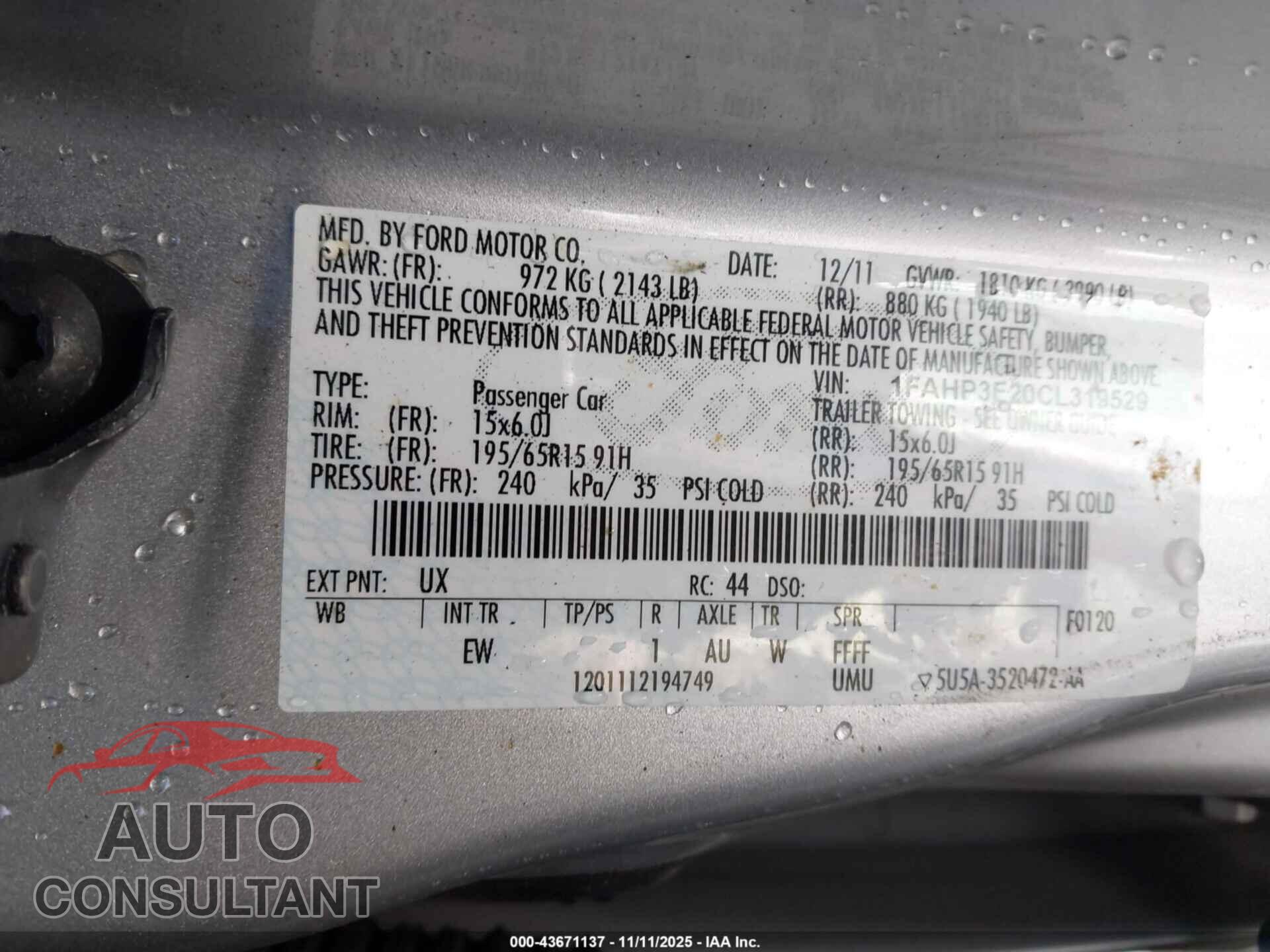FORD FOCUS 2012 - 1FAHP3E20CL319529