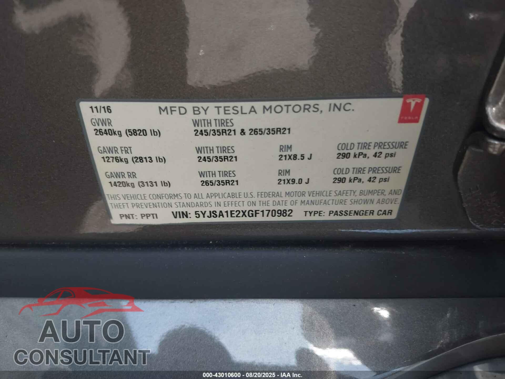 TESLA MODEL S 2016 - 5YJSA1E2XGF170982