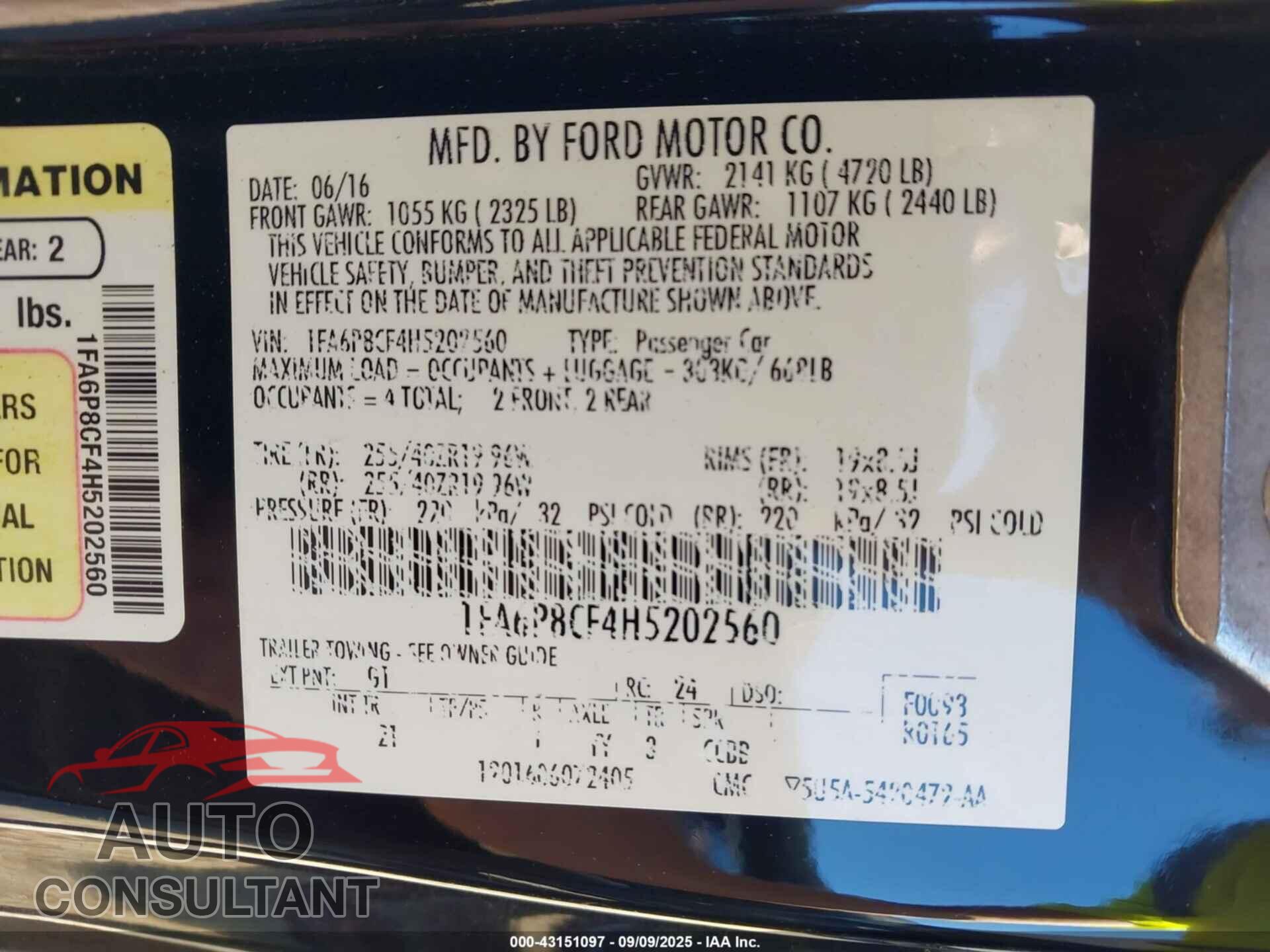 FORD MUSTANG 2017 - 1FA6P8CF4H5202560
