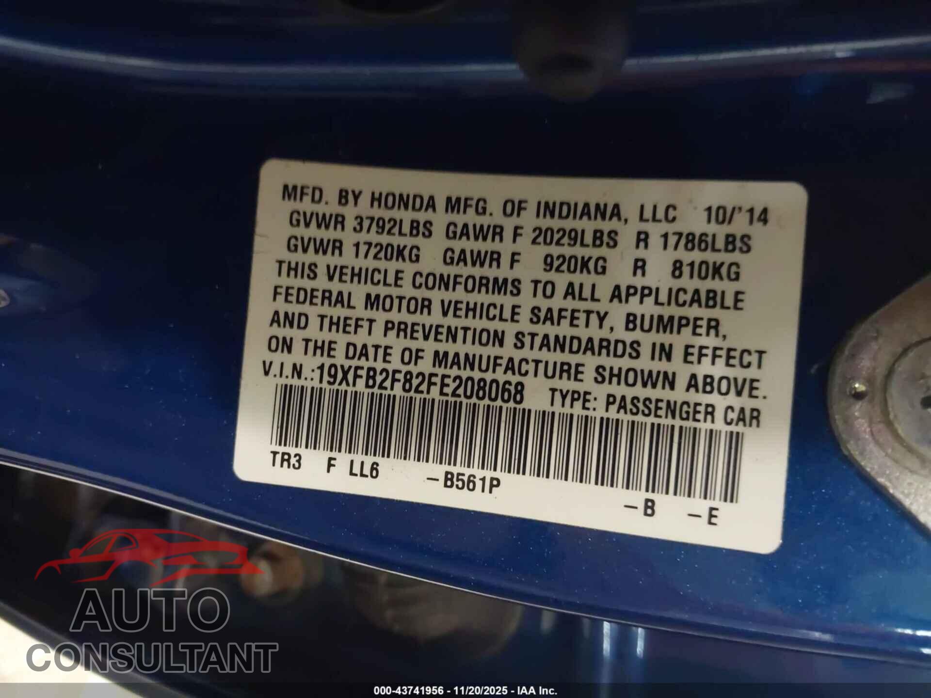 HONDA CIVIC 2015 - 19XFB2F82FE208068