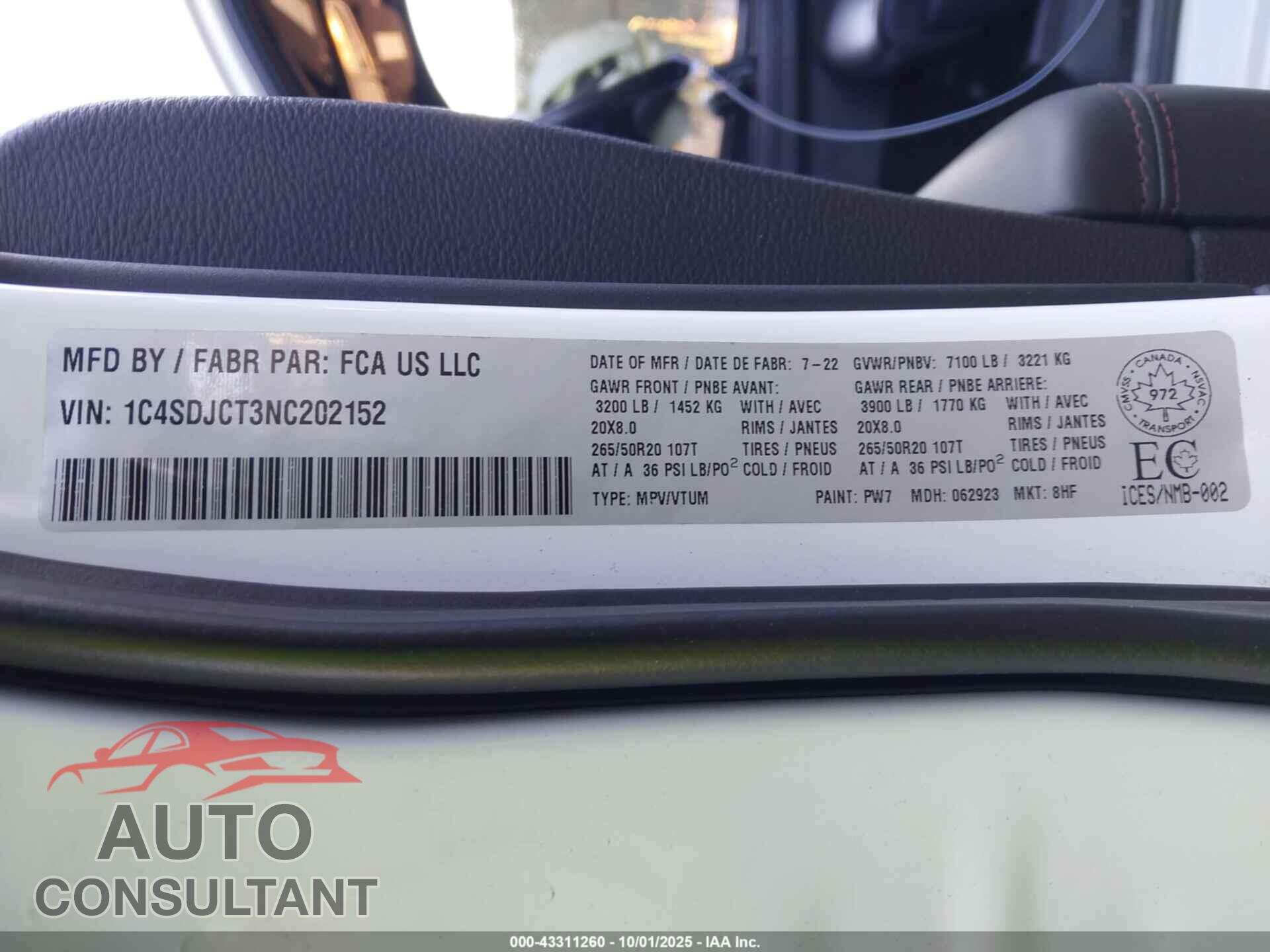 DODGE DURANGO 2022 - 1C4SDJCT3NC202152