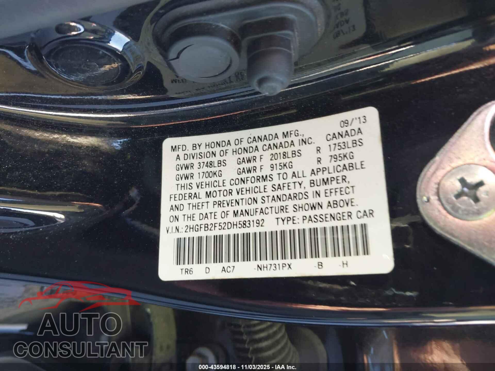 HONDA CIVIC 2013 - 2HGFB2F52DH583192