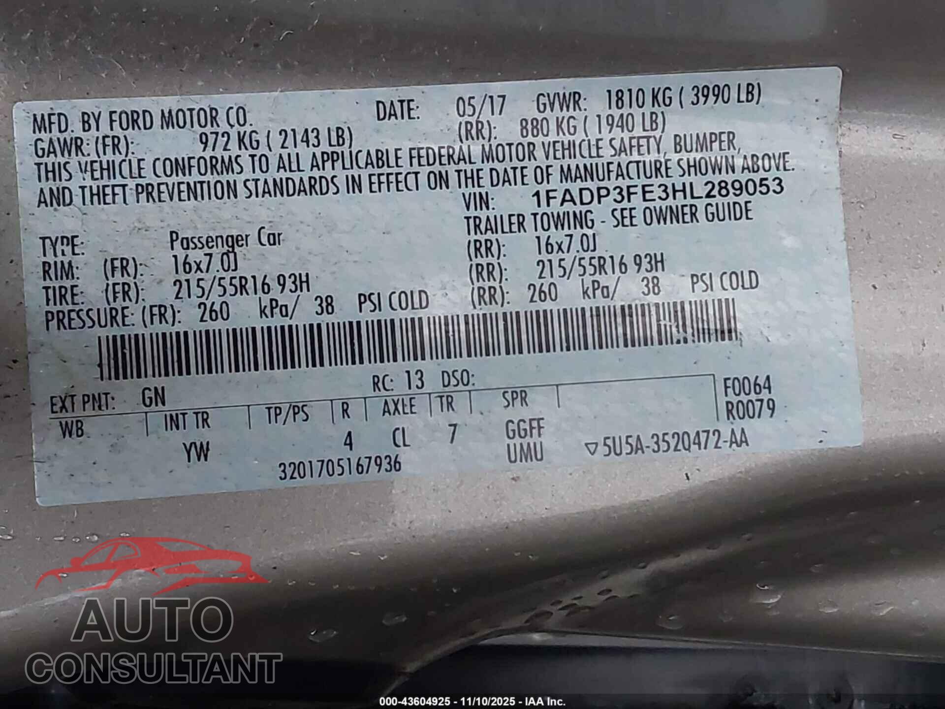 FORD FOCUS 2017 - 1FADP3FE3HL289053