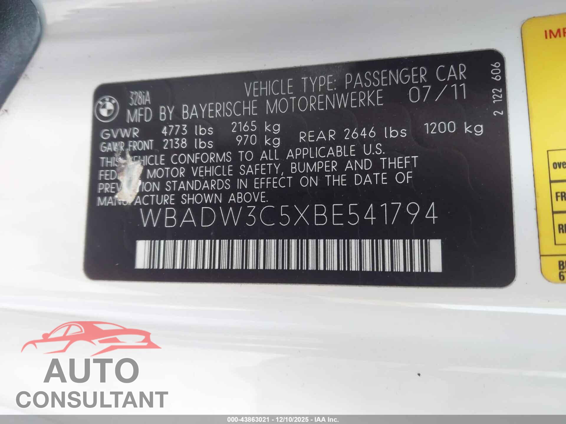 BMW 328I 2011 - WBADW3C5XBE541794