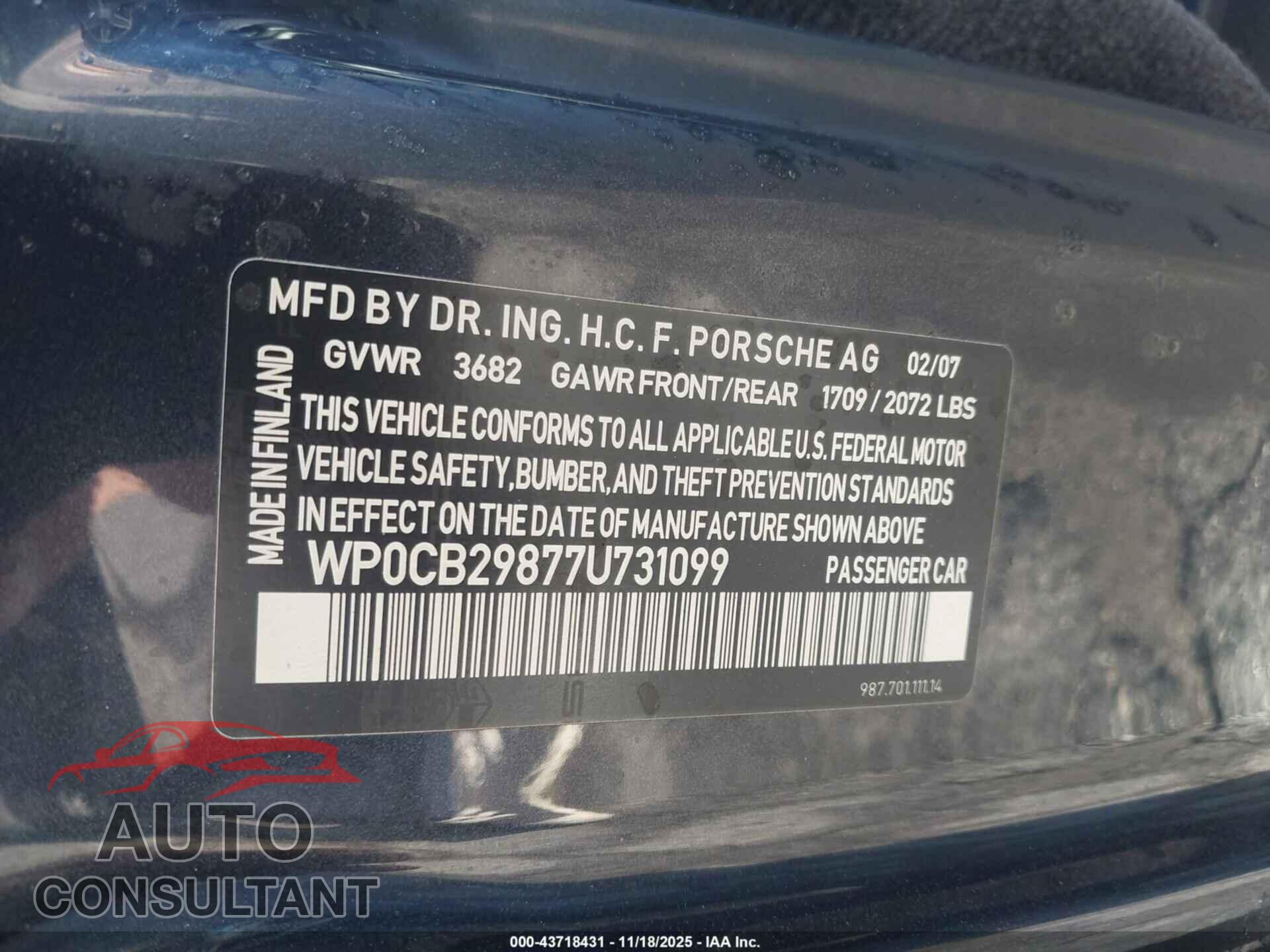 PORSCHE BOXSTER 2007 - WP0CB29877U731099