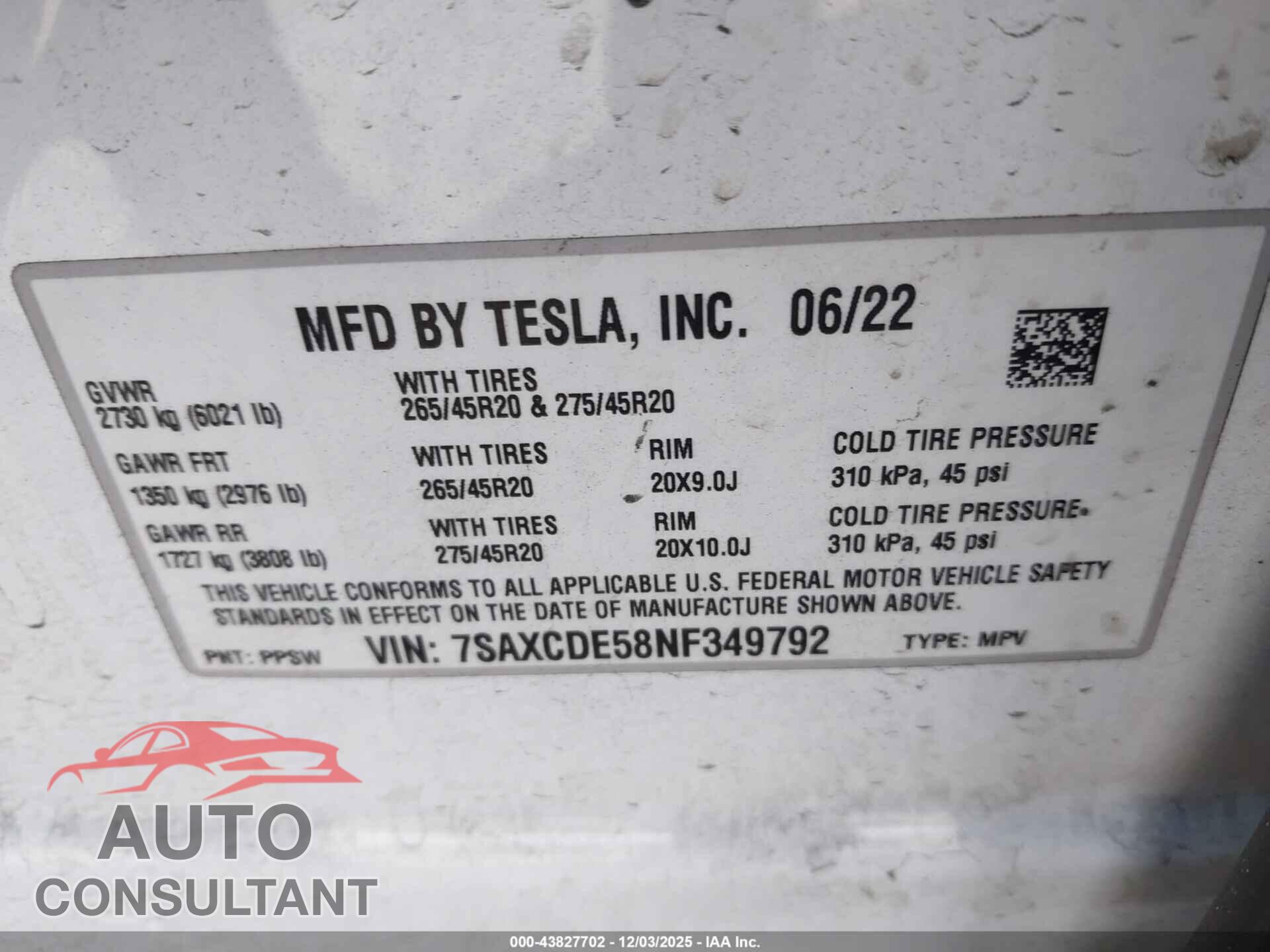 TESLA MODEL X 2022 - 7SAXCDE58NF349792