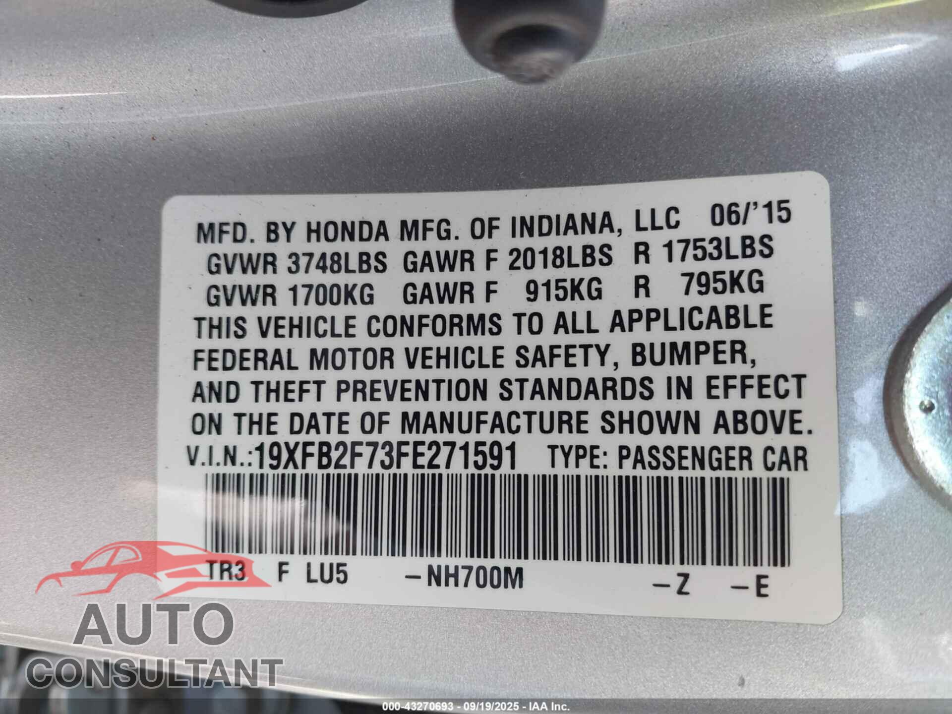 HONDA CIVIC 2015 - 19XFB2F73FE271591