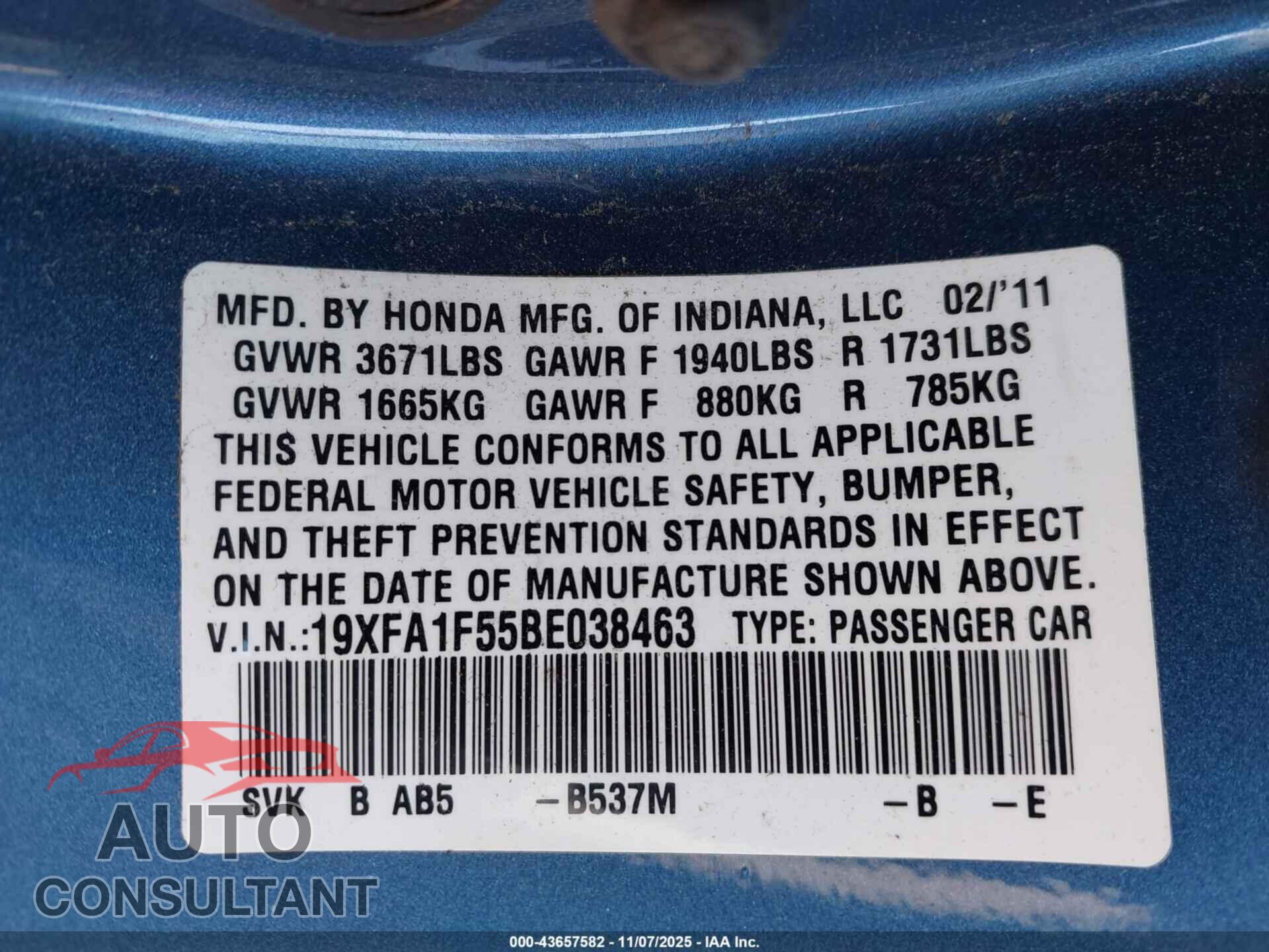 HONDA CIVIC 2011 - 19XFA1F55BE038463