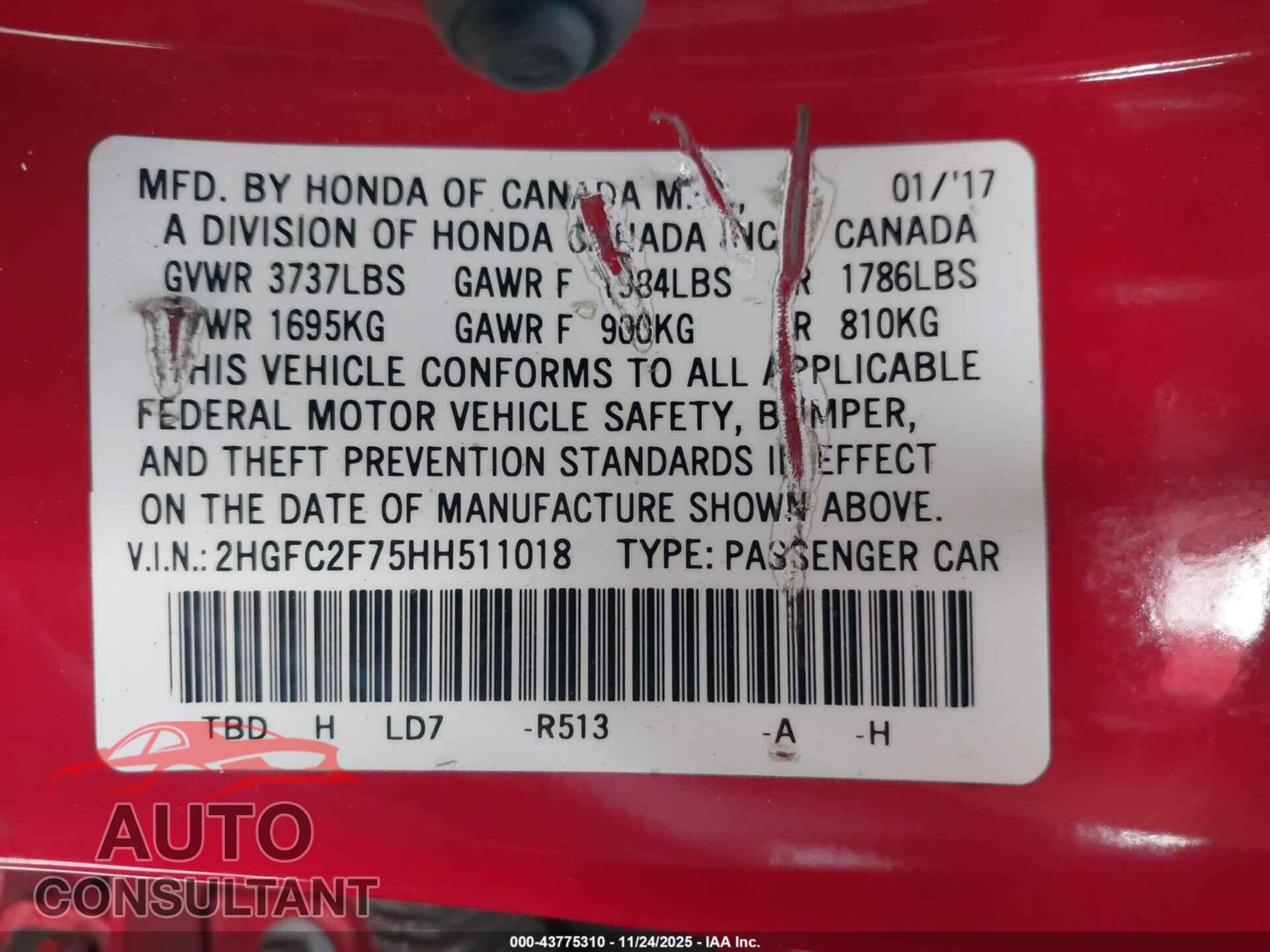HONDA CIVIC 2017 - 2HGFC2F75HH511018