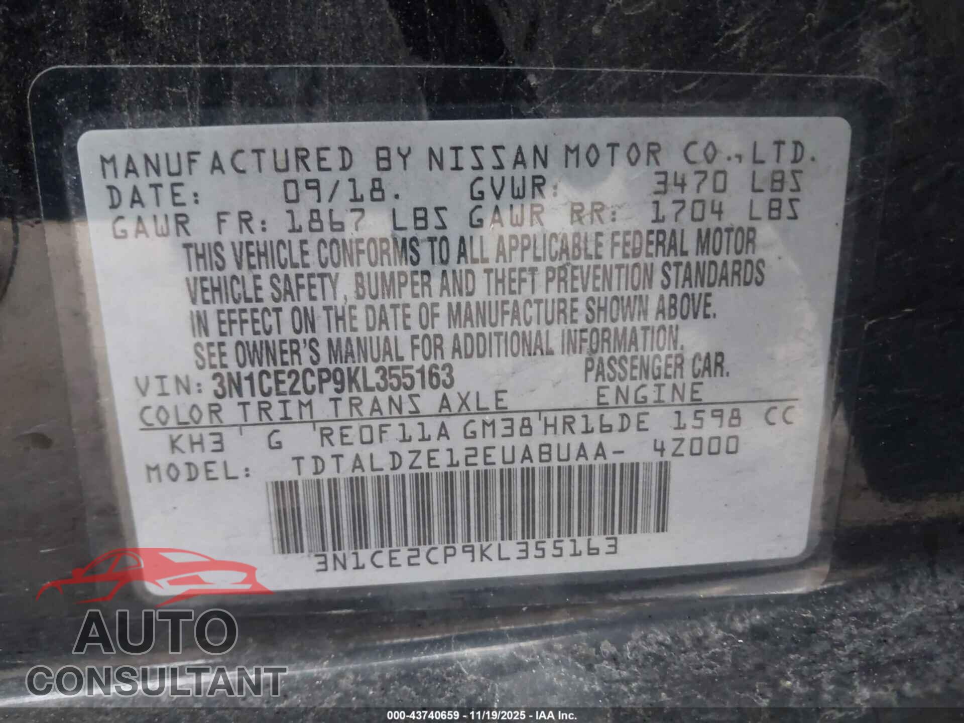NISSAN VERSA NOTE 2019 - 3N1CE2CP9KL355163