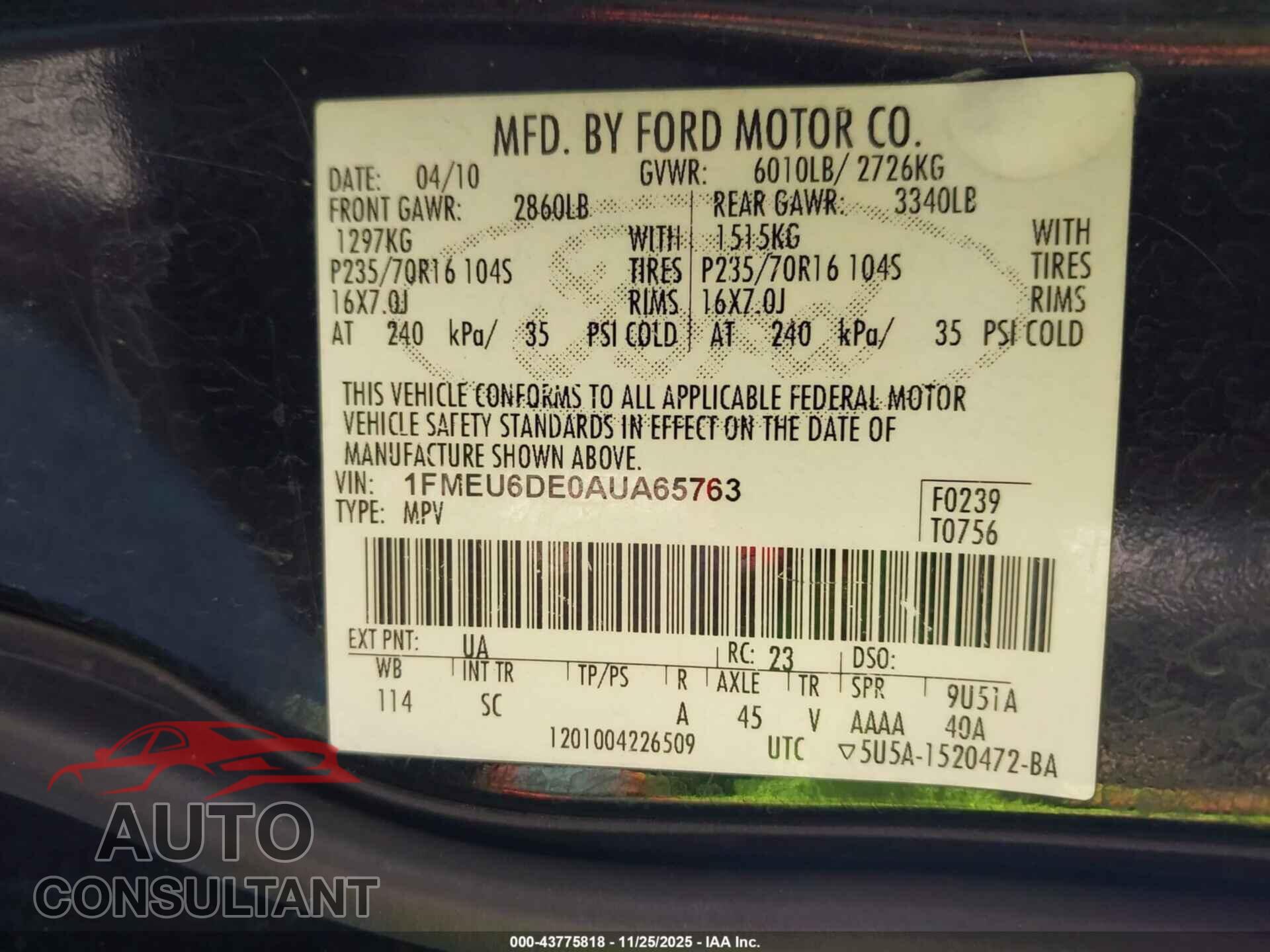 FORD EXPLORER 2010 - 1FMEU6DE0AUA65763