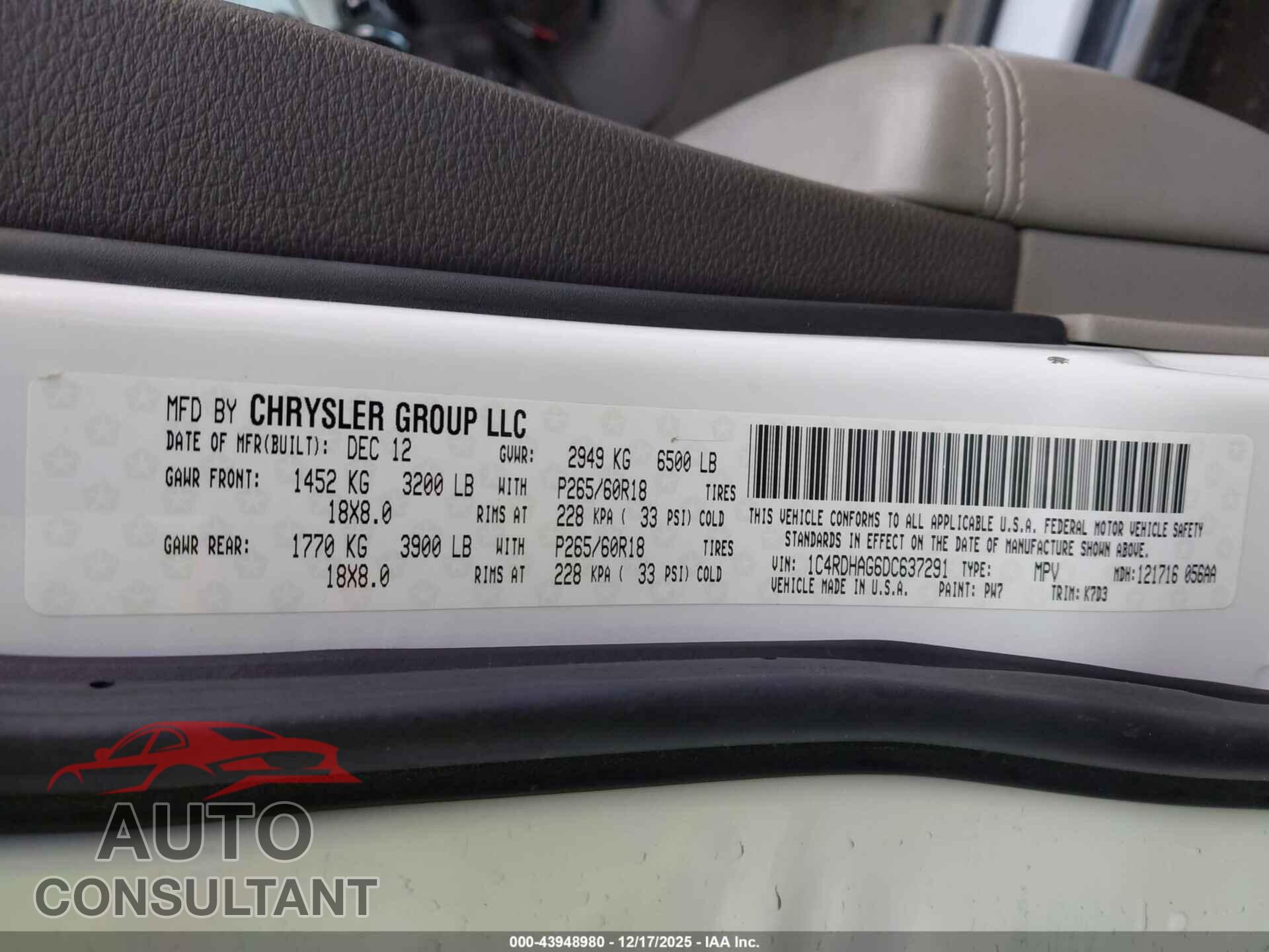 DODGE DURANGO 2013 - 1C4RDHAG6DC637291