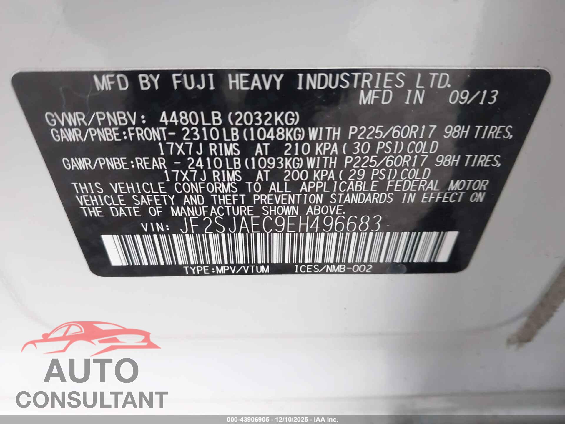 SUBARU FORESTER 2014 - JF2SJAEC9EH496683