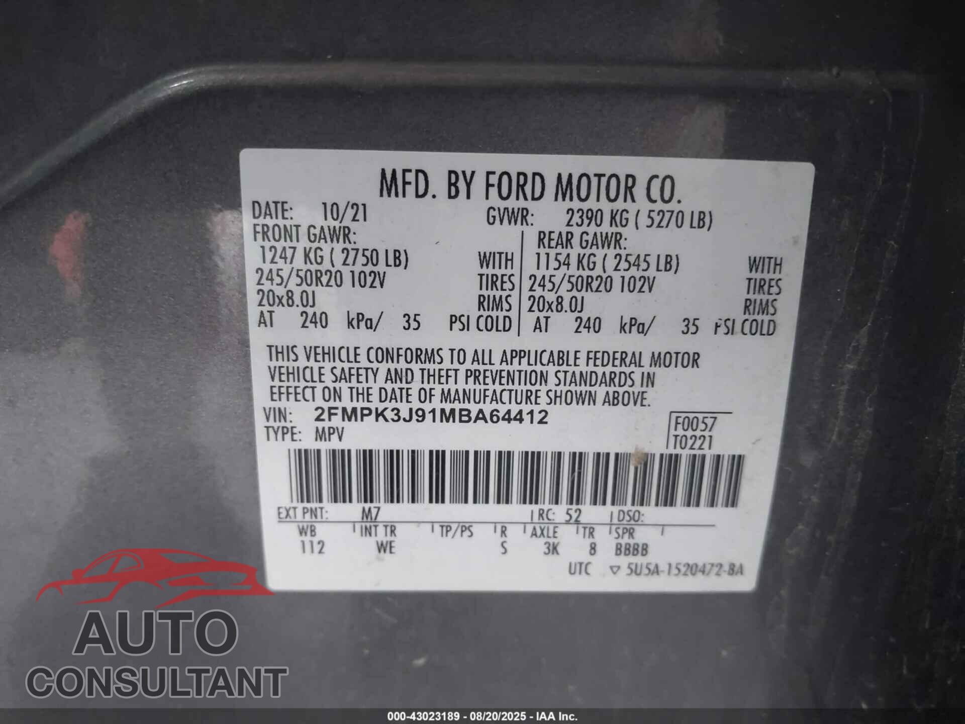 FORD EDGE 2021 - 2FMPK3J91MBA64412