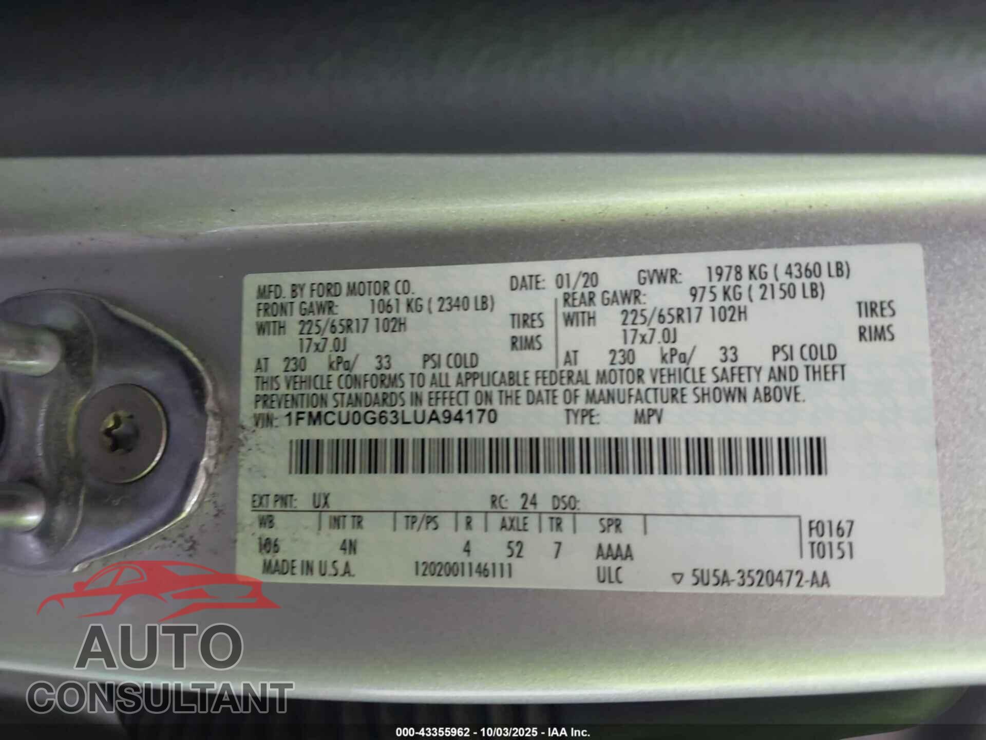 FORD ESCAPE 2020 - 1FMCU0G63LUA94170