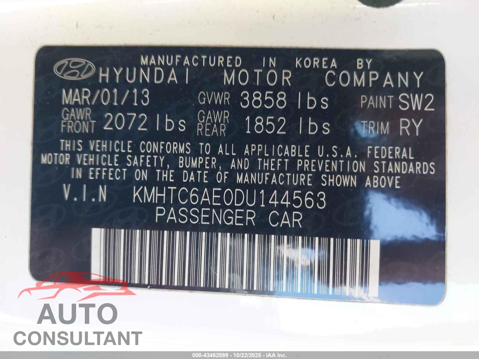 HYUNDAI VELOSTER 2013 - KMHTC6AE0DU144563