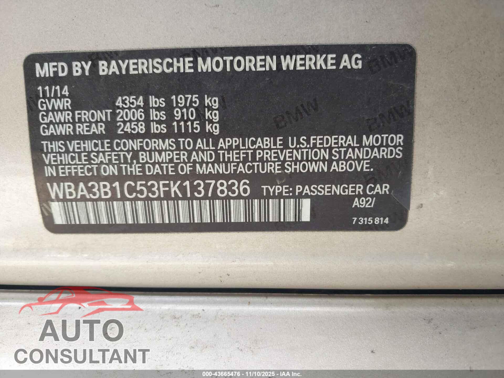 BMW 320I 2015 - WBA3B1C53FK137836