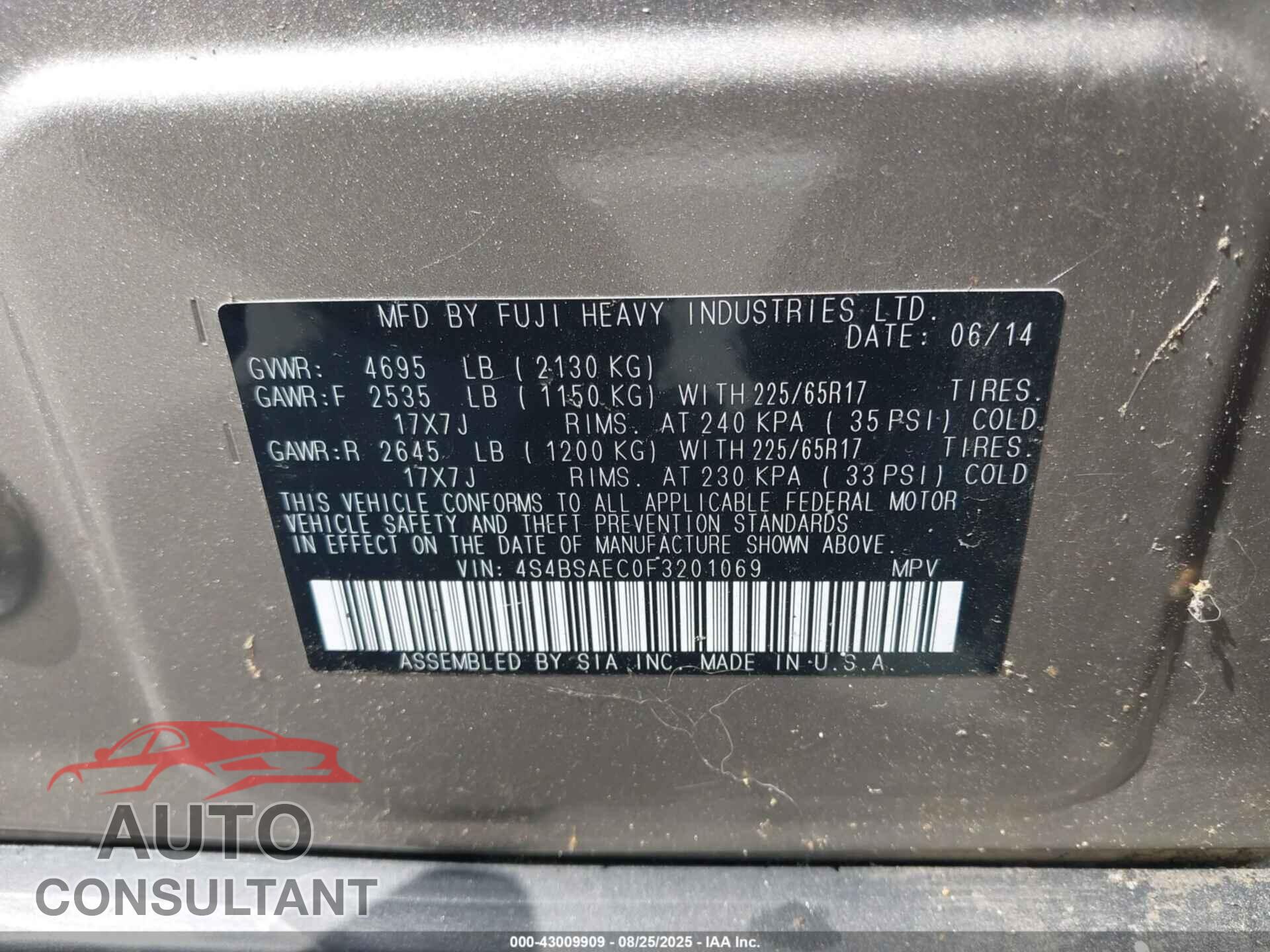 SUBARU OUTBACK 2015 - 4S4BSAEC0F3201069