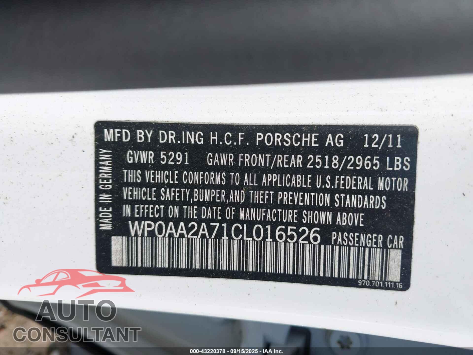 PORSCHE PANAMERA 2012 - WP0AA2A71CL016526