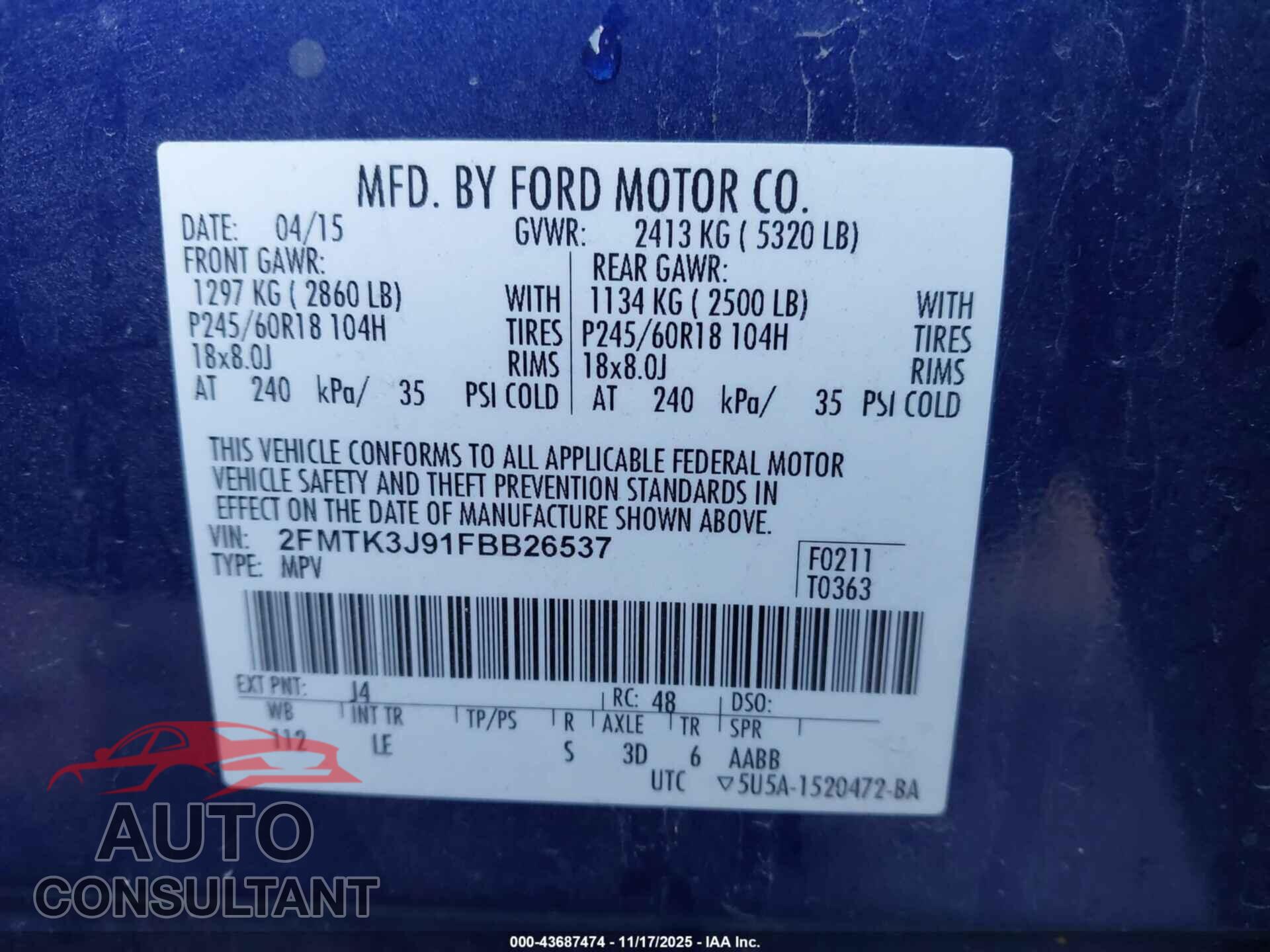 FORD EDGE 2015 - 2FMTK3J91FBB26537