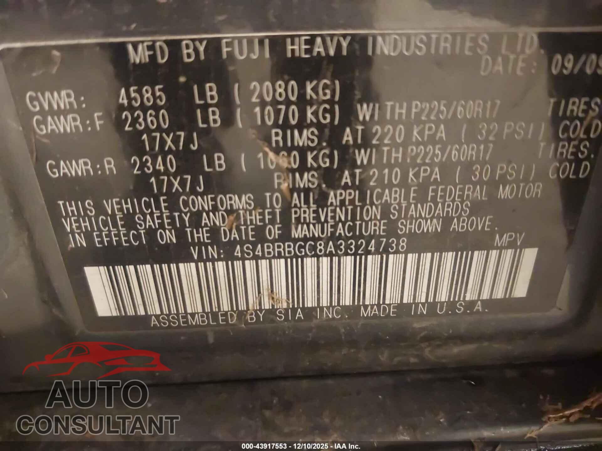 SUBARU OUTBACK 2010 - 4S4BRBGC8A3324738